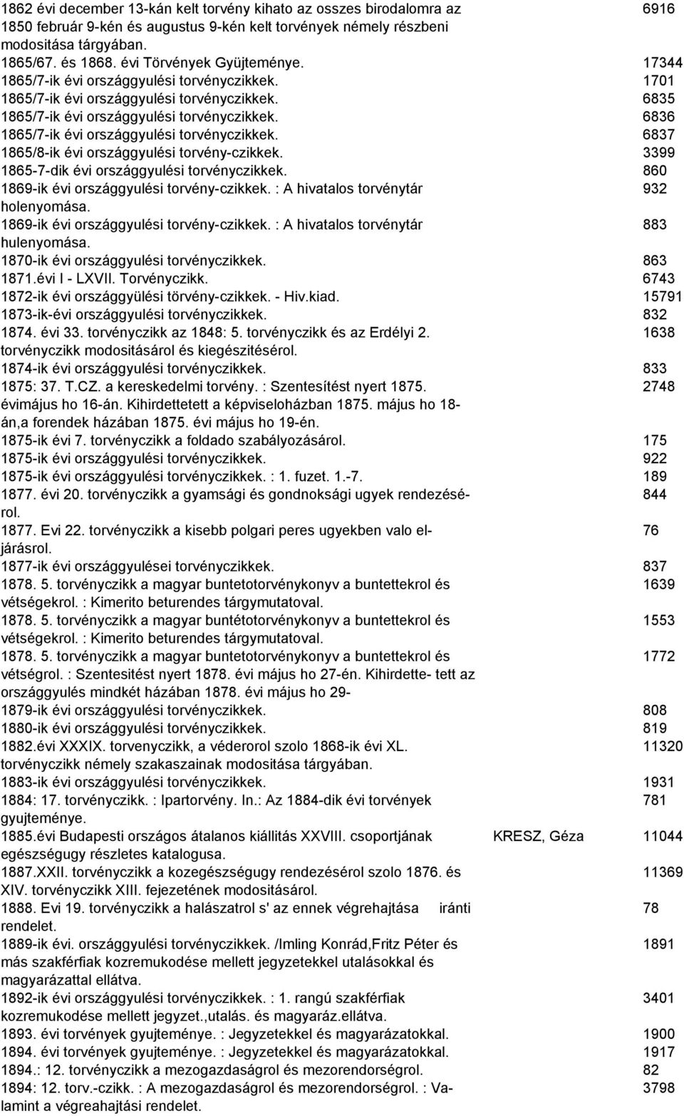 6836 1865/7-ik évi országgyulési torvényczikkek. 6837 1865/8-ik évi országgyulési torvény-czikkek. 3399 1865-7-dik évi országgyulési torvényczikkek. 860 1869-ik évi országgyulési torvény-czikkek.