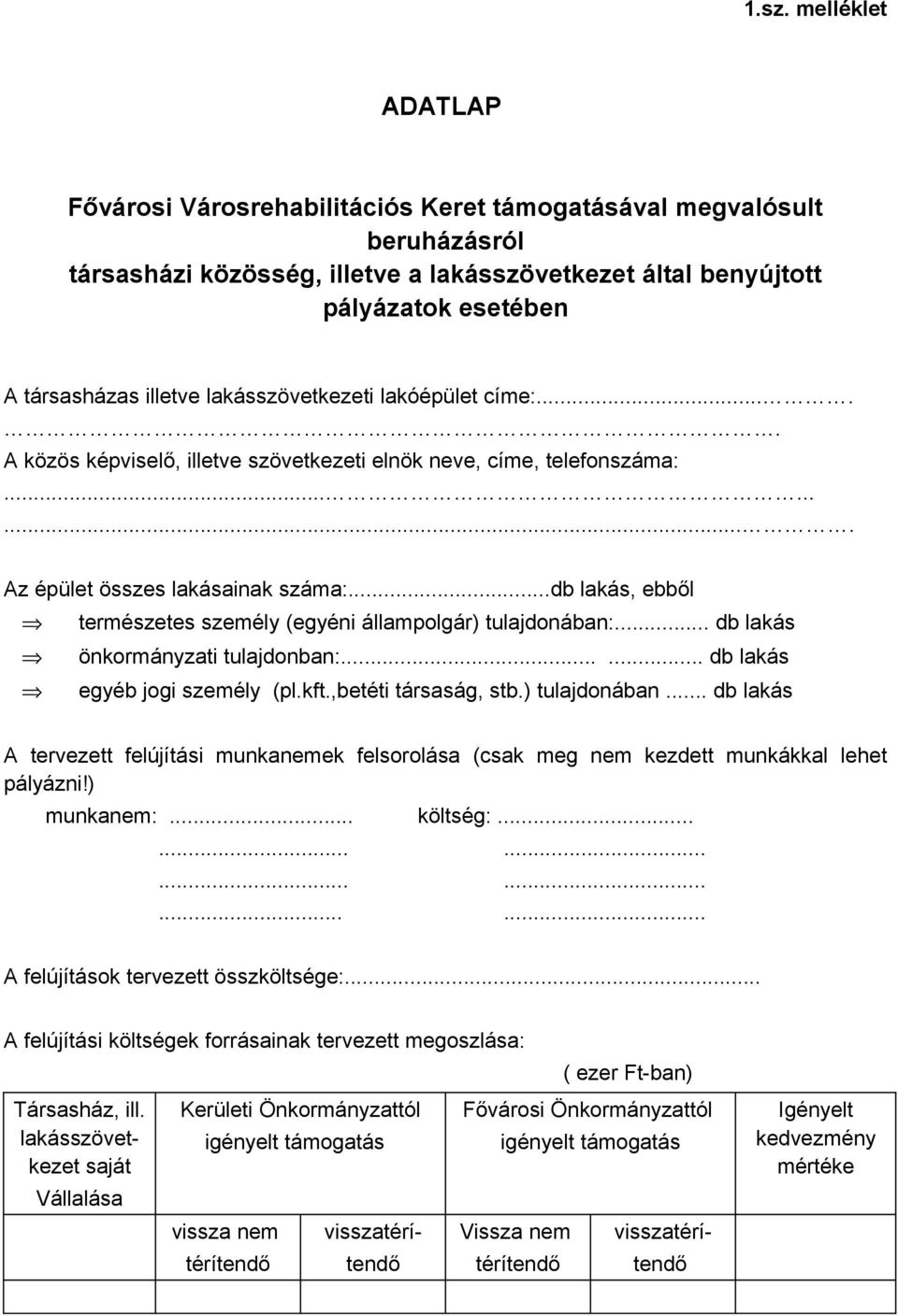 ..db lakás, ebből természetes személy (egyéni állampolgár) tulajdonában:... db lakás önkormányzati tulajdonban:...... db lakás egyéb jogi személy (pl.kft.,betéti társaság, stb.) tulajdonában... db lakás A tervezett felújítási munkanemek felsorolása (csak meg nem kezdett munkákkal lehet pályázni!