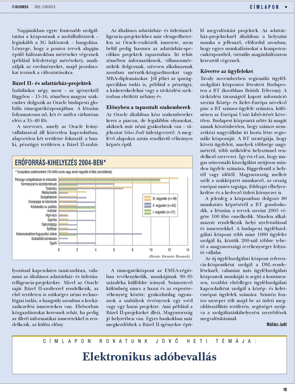 ERÕFORRÁS-KIHELYEZÉS 2004-BEN* * Európában szektoronként (10 millió eurós vagy annál nagyobb értékû szerzõdések) Bázel II- és adattárház-projektek Induláskor négy, most az igényektõl függõen 15-16,