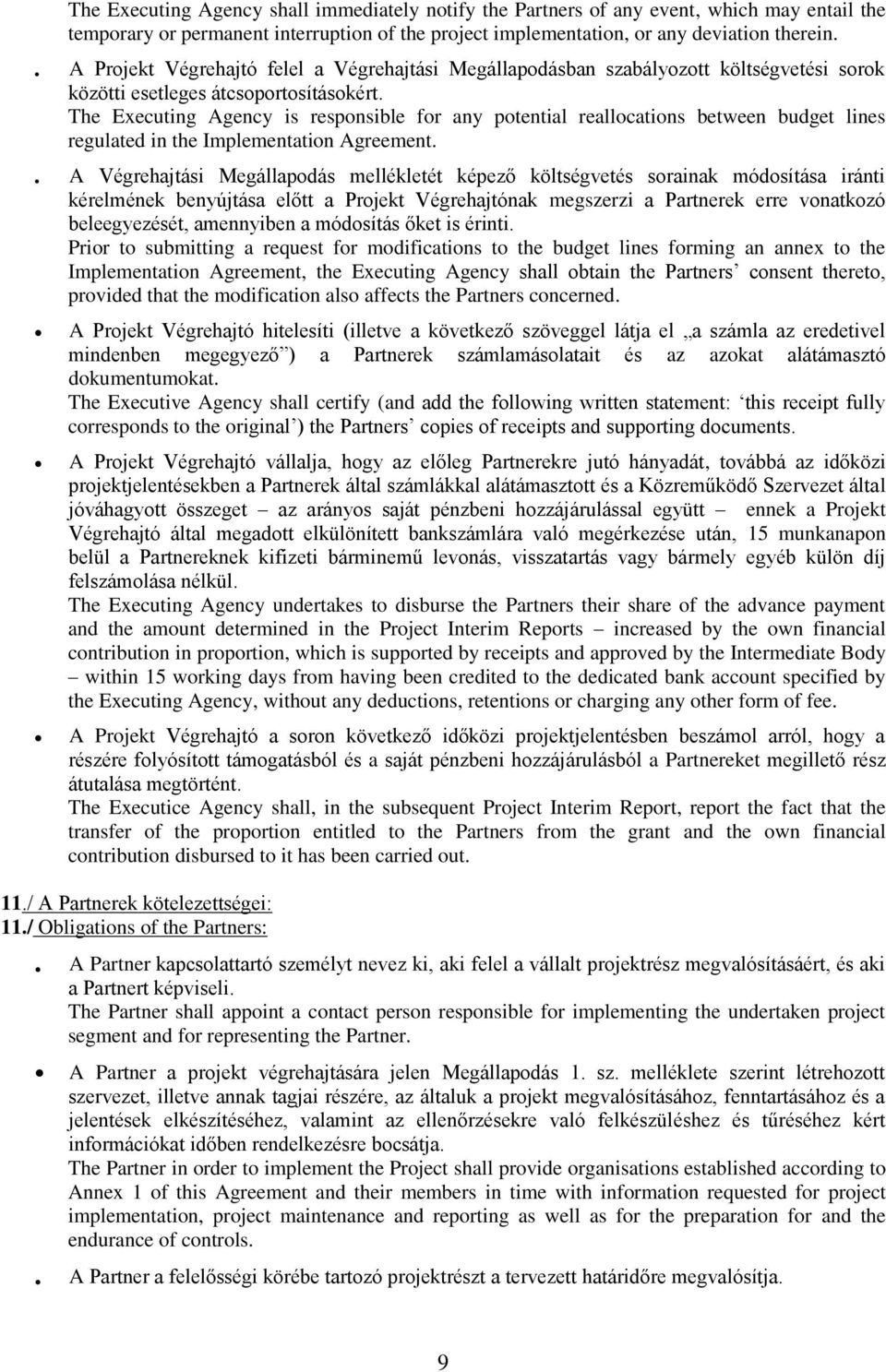 The Executing Agency is responsible for any potential reallocations between budget lines regulated in the Implementation Agreement.