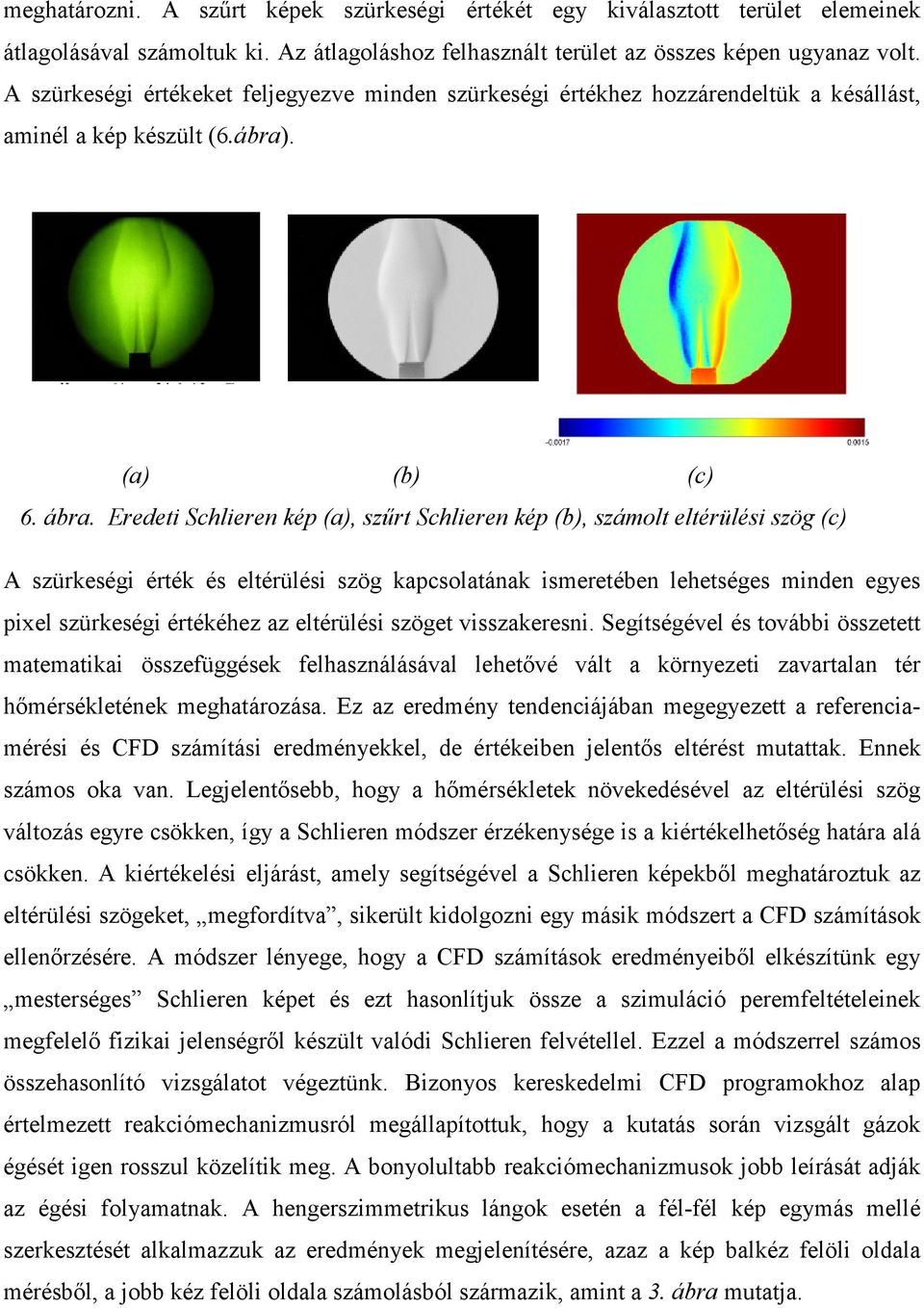 Eredeti Schlieren kép (a), szűrt Schlieren kép (b), számolt eltérülési szög (c) A szürkeségi érték és eltérülési szög kapcsolatának ismeretében lehetséges minden egyes pixel szürkeségi értékéhez az