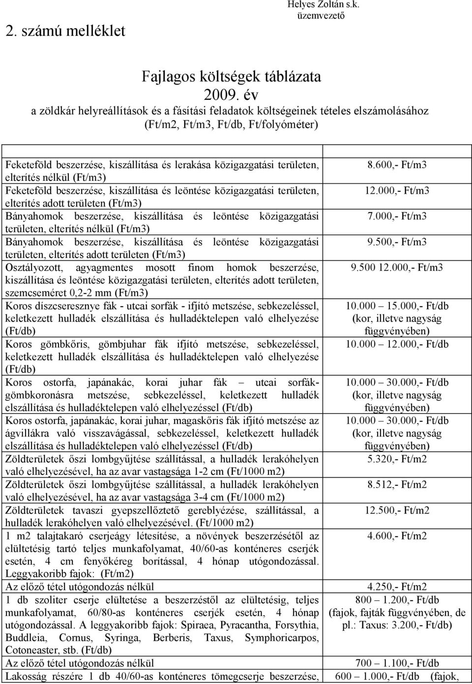 elterítés nélkül (Ft/m3) Feketeföld beszerzése, kiszállítása és leöntése közigazgatási területen, elterítés adott területen (Ft/m3) Bányahomok beszerzése, kiszállítása és leöntése közigazgatási