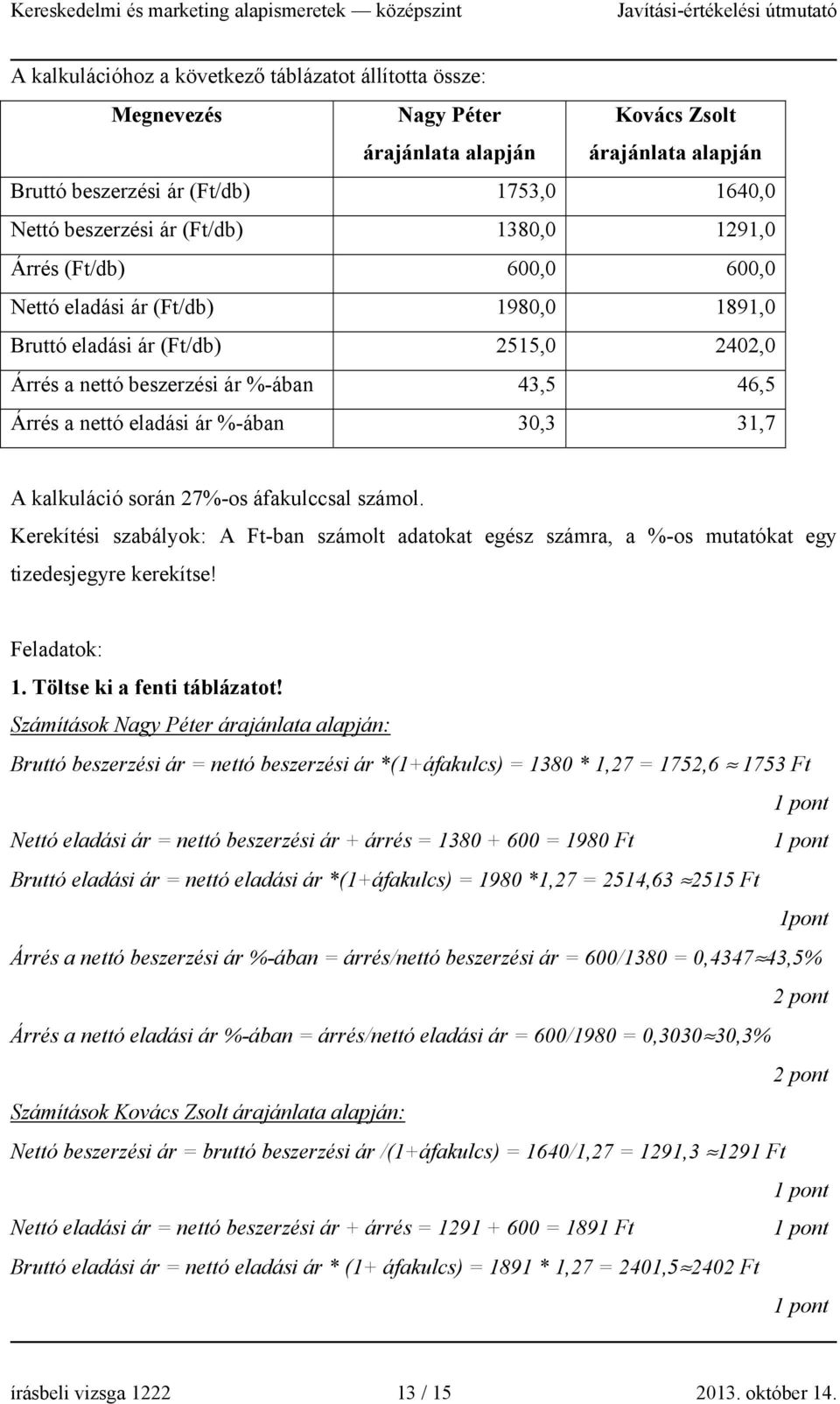 30,3 31,7 A kalkuláció során 27%-os áfakulccsal számol. Kerekítési szabályok: A Ft-ban számolt adatokat egész számra, a %-os mutatókat egy tizedesjegyre kerekítse! Feladatok: 1.