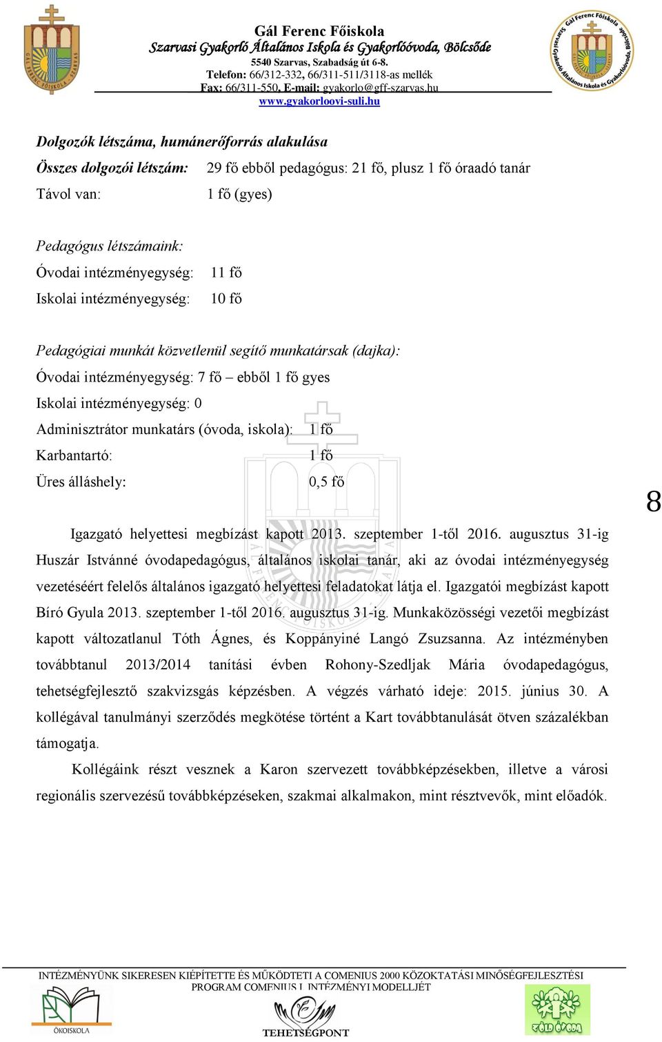 iskola): 1 fő Karbantartó: 1 fő Üres álláshely: 0,5 fő Igazgató helyettesi megbízást kapott 2013. szeptember 1-től 2016.