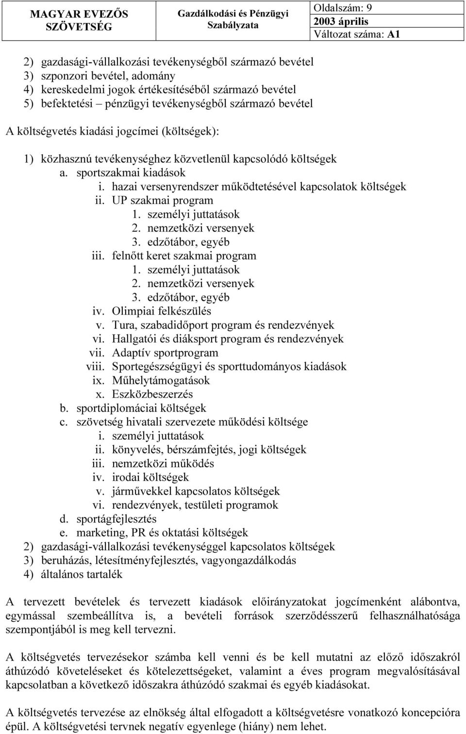 hazai versenyrendszer működtetésével kapcsolatok költségek ii. UP szakmai program 1. személyi juttatások 2. nemzetközi versenyek 3. edzőtábor, egyéb iii. felnőtt keret szakmai program 1.