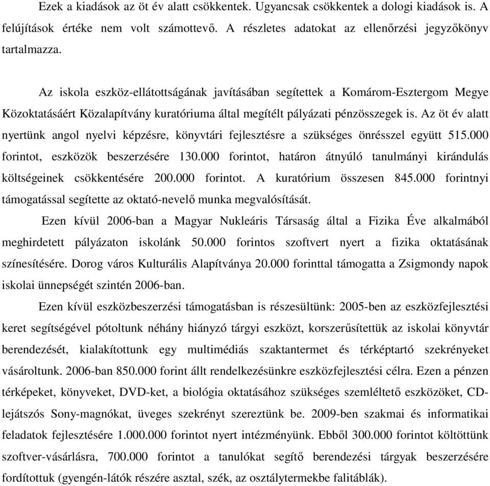 Az öt év alatt nyertünk angol nyelvi képzésre, könyvtári fejlesztésre a szükséges önrésszel együtt 515.000 forintot, eszközök beszerzésére 130.