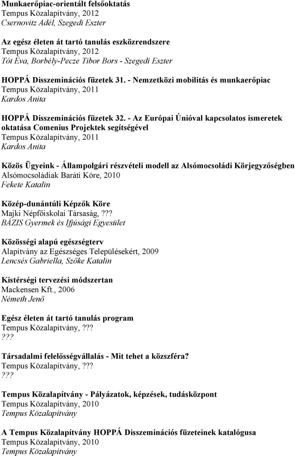 - Az Európai Únióval kapcsolatos ismeretek oktatása Comenius Projektek segítségével Tempus Közalapítvány, 2011 Kardos Anita Közös Ügyeink - Állampolgári részvételi modell az Alsómocsoládi