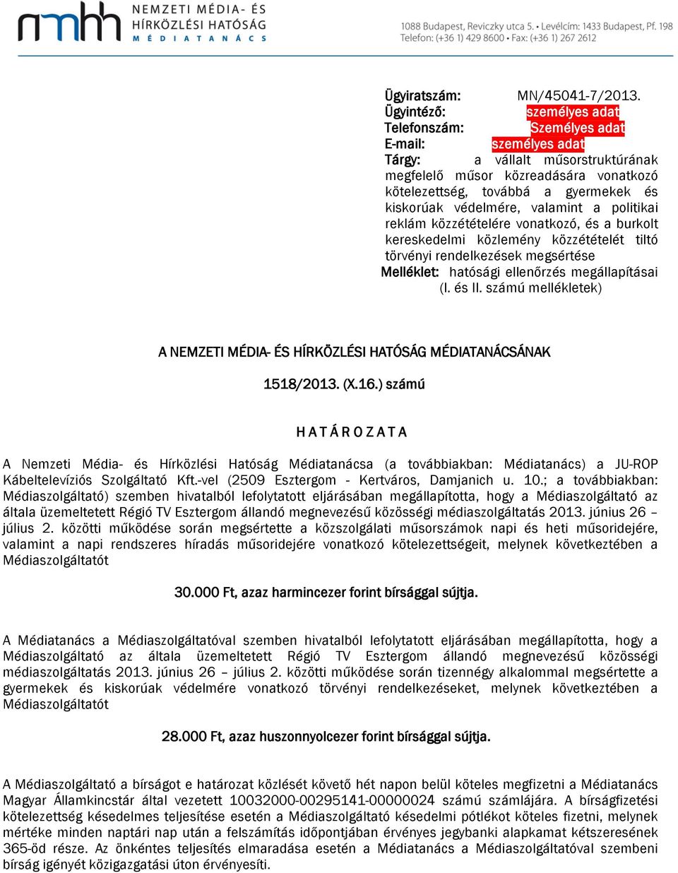 védelmére, valamint a politikai reklám közzétételére vonatkozó, és a burkolt kereskedelmi közlemény közzétételét tiltó törvényi rendelkezések megsértése Melléklet: hatósági ellenőrzés megállapításai