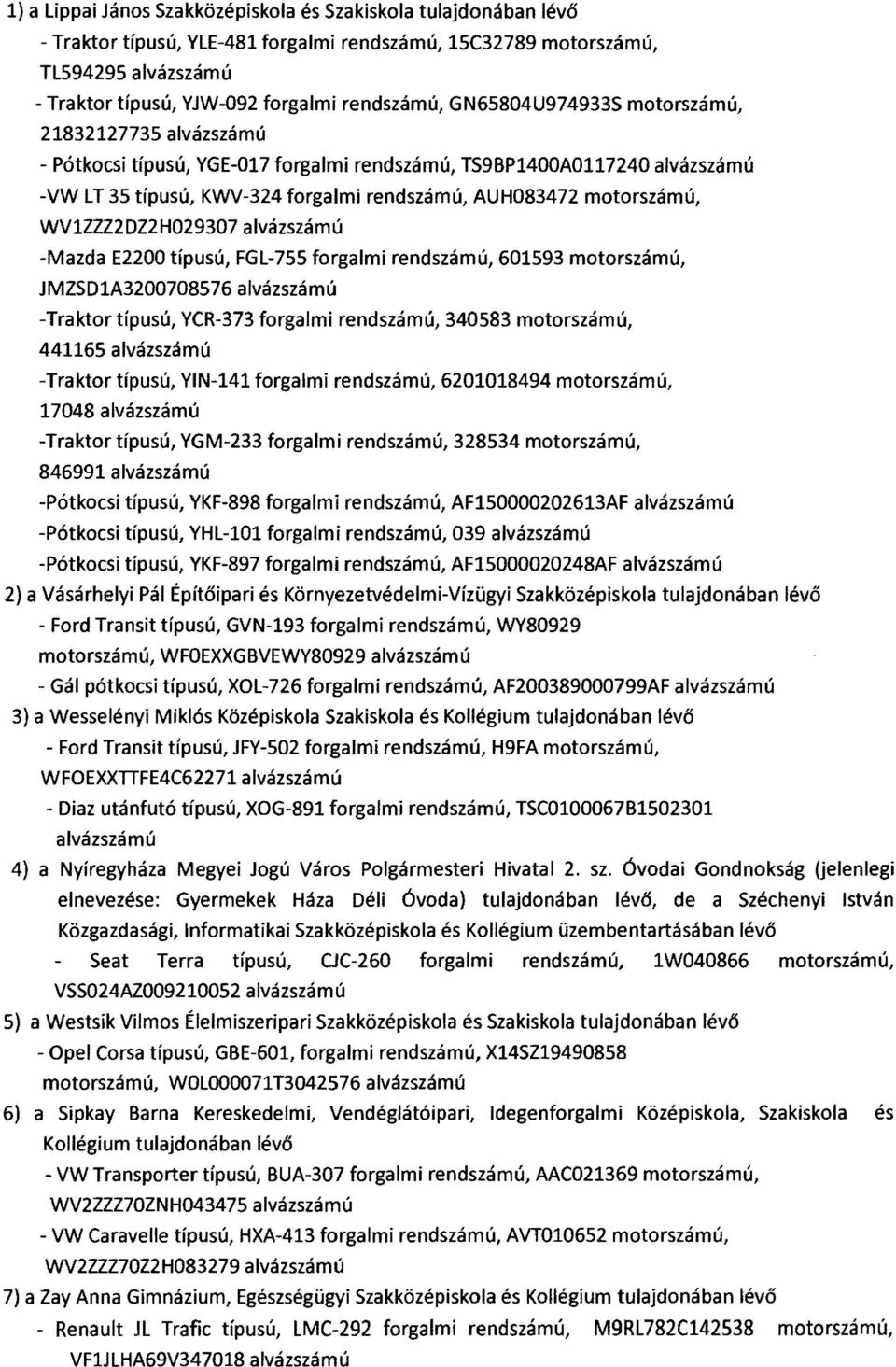 WVIZZZ2DZ2H029307 alvázszámú -Mazda E2200 típusú, FGl-755 forgalmi rendszámú, 601593 motorszámú, JMZSDIA3200708576 alvázszámú -Traktor típusú, YCR-373 forgalmi rendszámú, 340583 motorszámú, 441165