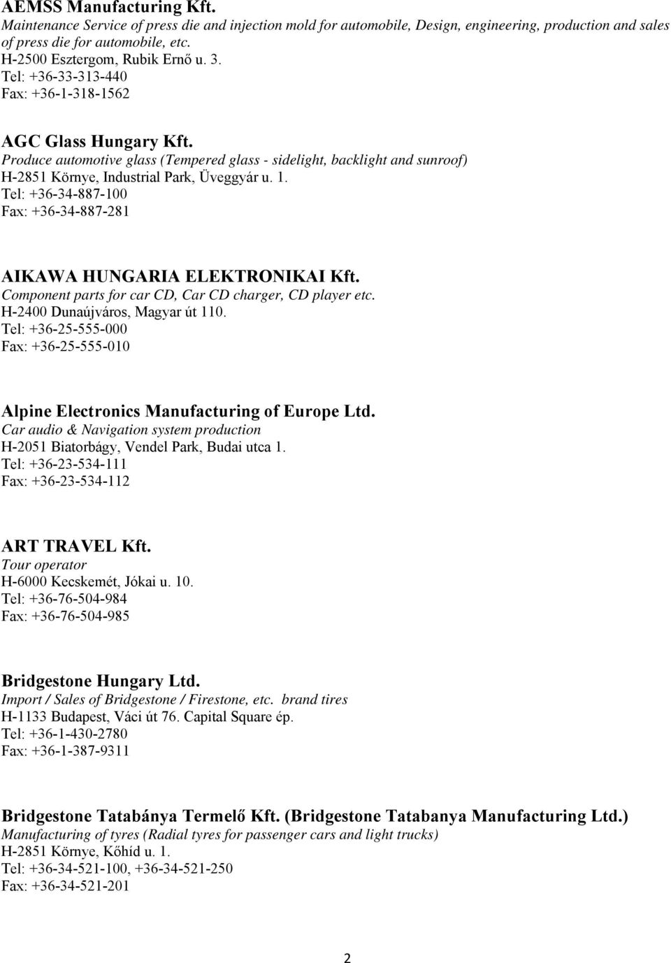 Tel: +36-34-887-100 Fax: +36-34-887-281 AIKAWA HUNGARIA ELEKTRONIKAI Kft. Component parts for car CD, Car CD charger, CD player etc. H-2400 Dunaújváros, Magyar út 110.