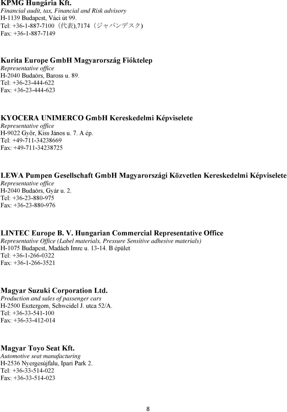 Tel: +36-23-444-622 Fax: +36-23-444-623 KYOCERA UNIMERCO GmbH Kereskedelmi Képviselete Representative office H-9022 Győr, Kiss János u. 7. A ép.