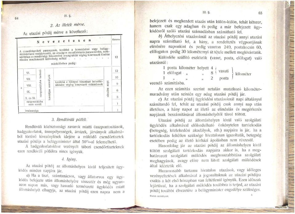 Rendkivüli közbiztonsági zavarok miatti összpontosítások, hadg>^akorlatok, ünnepélyességek, árvizek, járványok alkalmából történő kivezénylések idejére a működő csendőrtísztek utazási pótdíja a