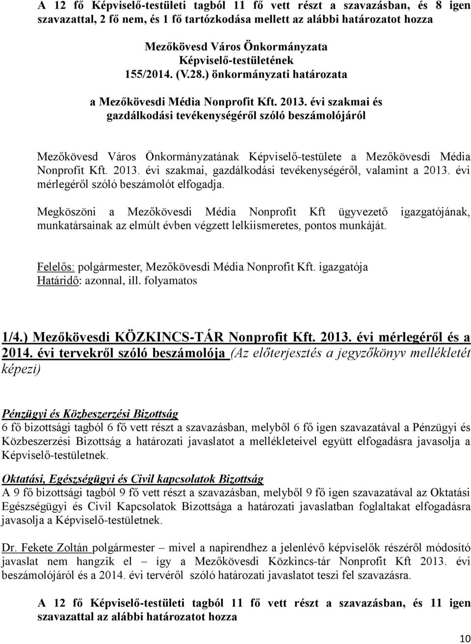 évi szakmai és gazdálkodási tevékenységéről szóló beszámolójáról Mezőkövesd Város Önkormányzatának Képviselő-testülete a Mezőkövesdi Média Nonprofit Kft. 2013.