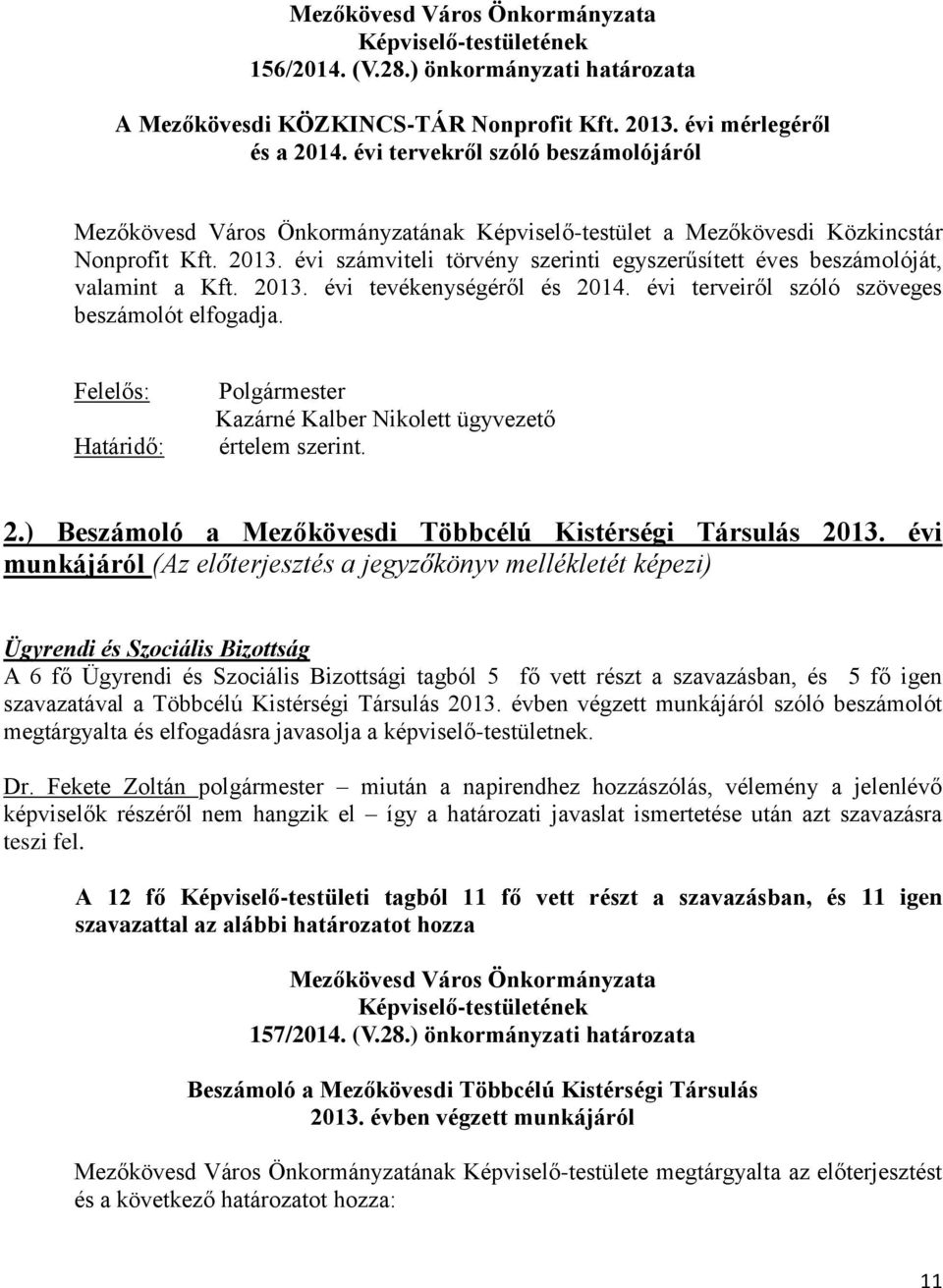 évi számviteli törvény szerinti egyszerűsített éves beszámolóját, valamint a Kft. 2013. évi tevékenységéről és 2014. évi terveiről szóló szöveges beszámolót elfogadja.