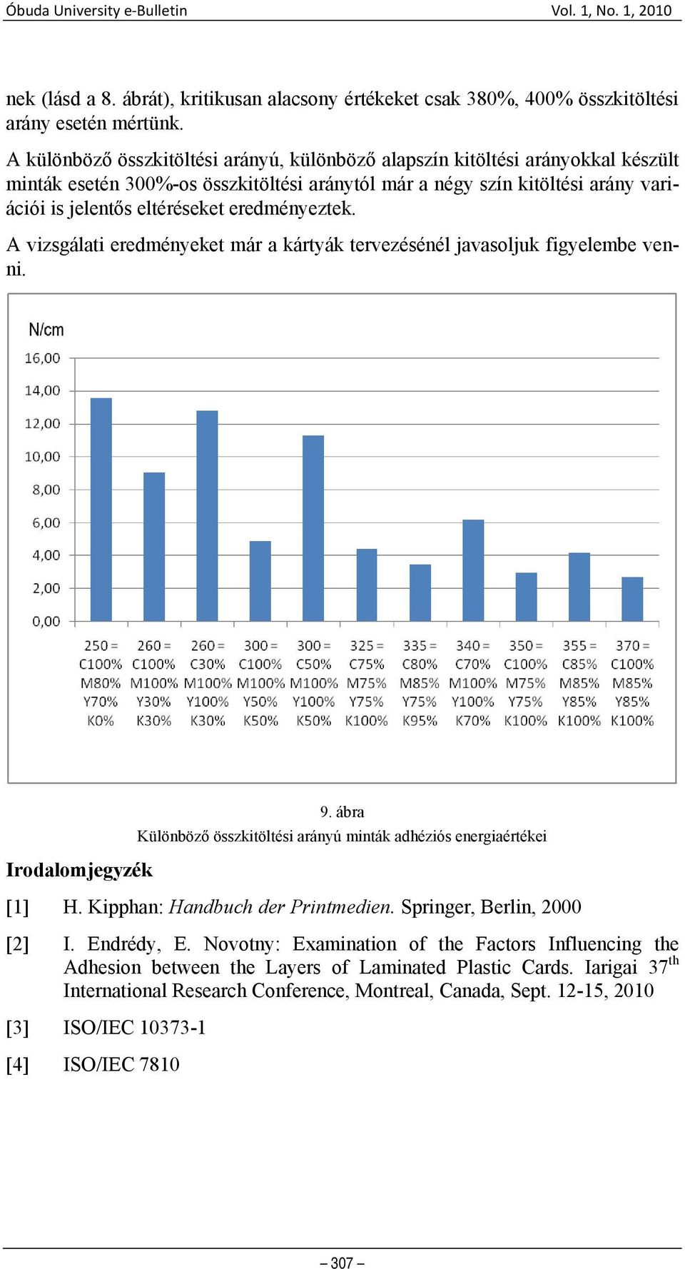 eredményeztek. A vizsgálati eredményeket már a kártyák tervezésénél javasoljuk figyelembe venni. Irodalomjegyzék 9. ábra Különböző összkitöltési arányú minták adhéziós energiaértékei [1] H.