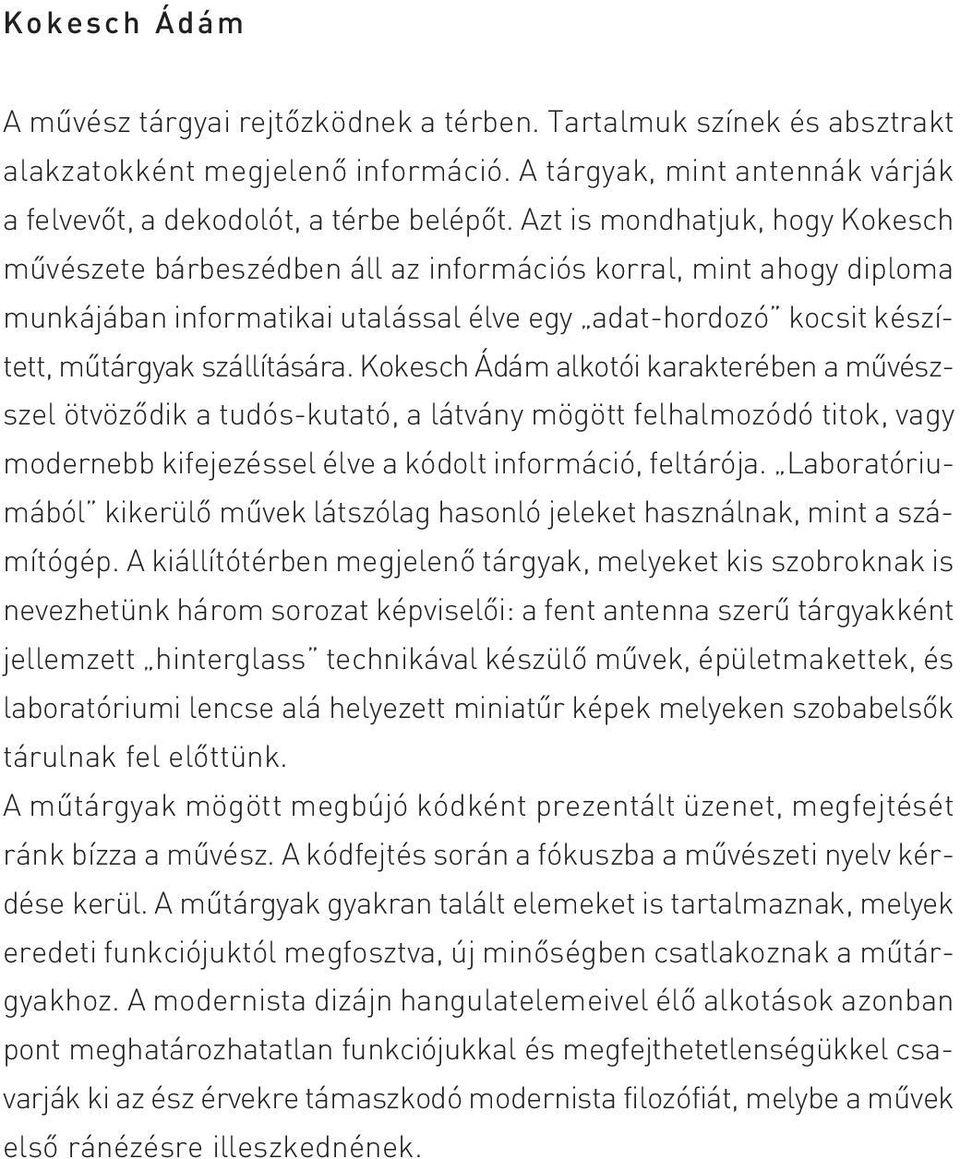 Kokesch Ádám alkotói karakterében a mûvészszel ötvözõdik a tudós-kutató, a látvány mögött felhalmozódó titok, vagy modernebb kifejezéssel élve a kódolt információ, feltárója.