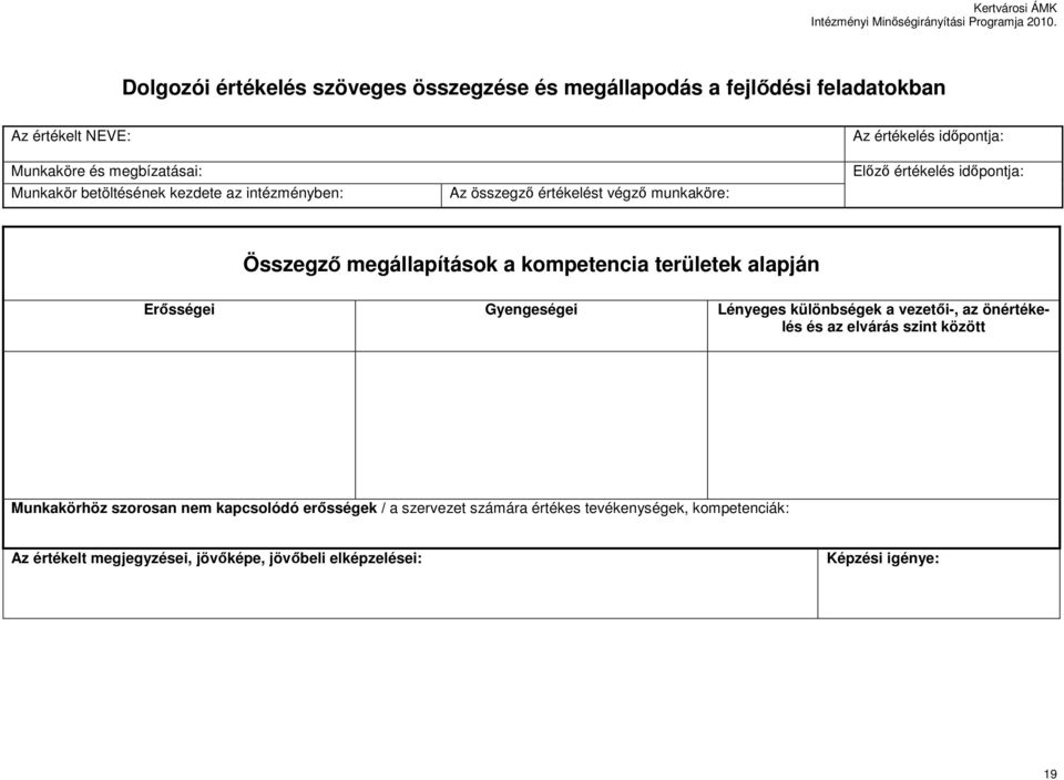 kompetencia területek alapján Erısségei Gyengeségei Lényeges különbségek a vezetıi-, az önértékelés és az elvárás szint között Munkakörhöz szorosan