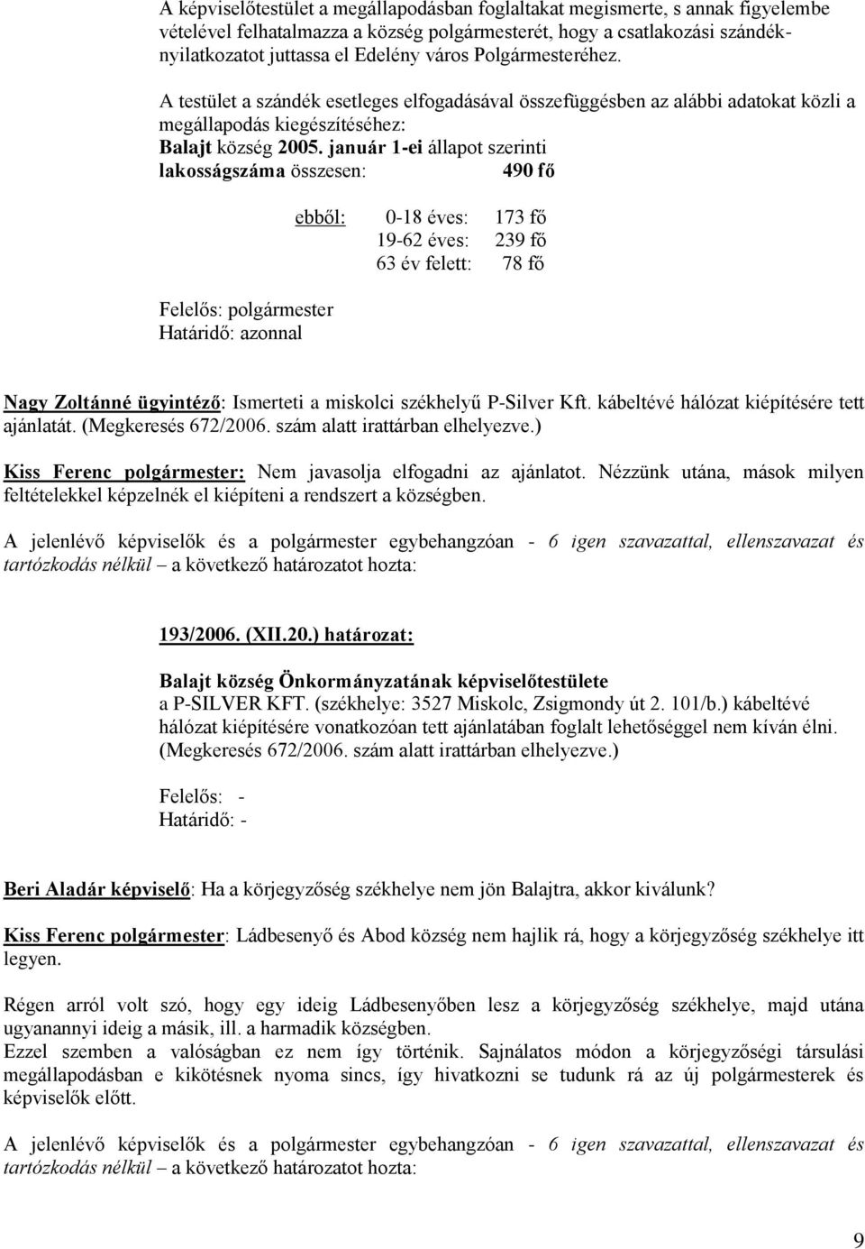 január 1-ei állapot szerinti lakosságszáma összesen: 490 fő Határidő: azonnal ebből: 0-18 éves: 173 fő 19-62 éves: 239 fő 63 év felett: 78 fő Nagy Zoltánné ügyintéző: Ismerteti a miskolci székhelyű