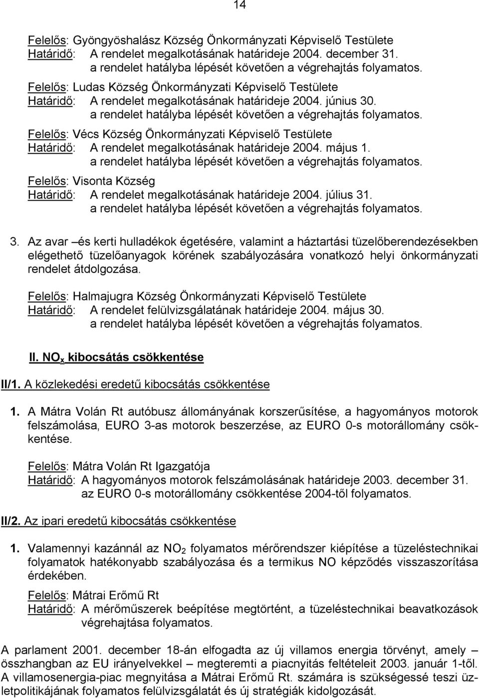 Felelős: Vécs Község Önkormányzati Képviselő Testülete Határidő: A rendelet megalkotásának határideje 2004. május 1. a rendelet hatályba lépését követően a végrehajtás folyamatos.