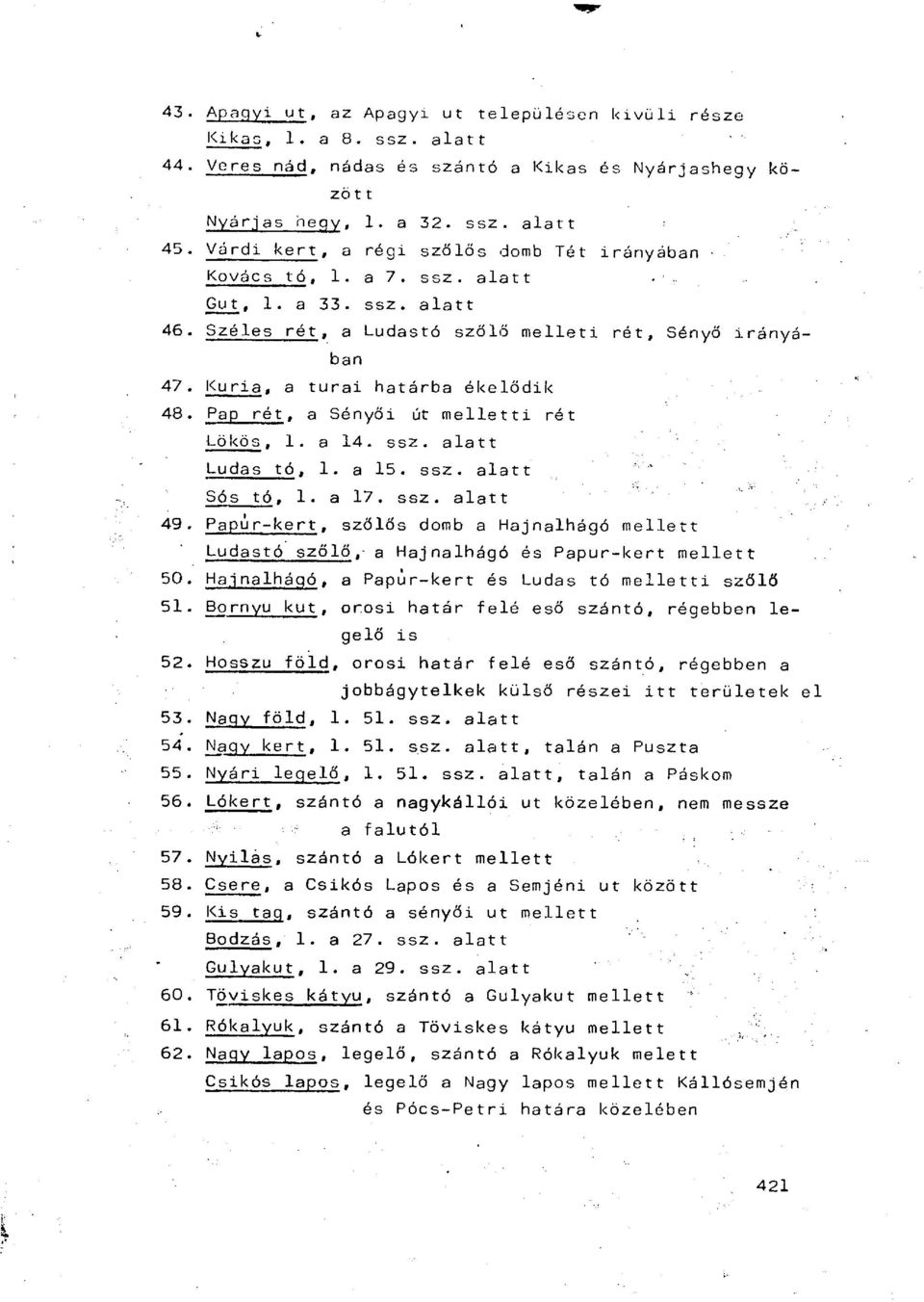 Kuria, a turai határba ékelődik 48. Pap rét, a Sényői út melletti rét Lökös, 1. a 14. ssz. alatt Ludas tó, 1. a 15. ssz. alatt Sós tó, 1. a 17. ssz. alatt 49.