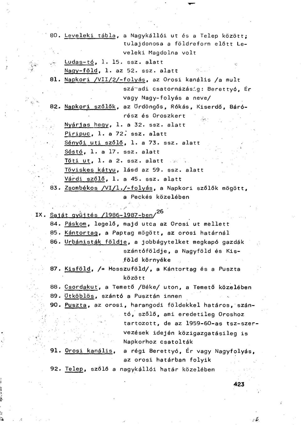 a 32. ssz. alatt Piripuc, 1. a 72." ssz. alatt Sényői uti szőlő, 1. a 73. ssz. alatt Sóstó, 1. a 17. ssz. alatt Töti ut, 1. a 2. ssz. alatt Töviskes kátyú, lásd az 59. ssz. alatt Várdi szőlő, 1. a 45.