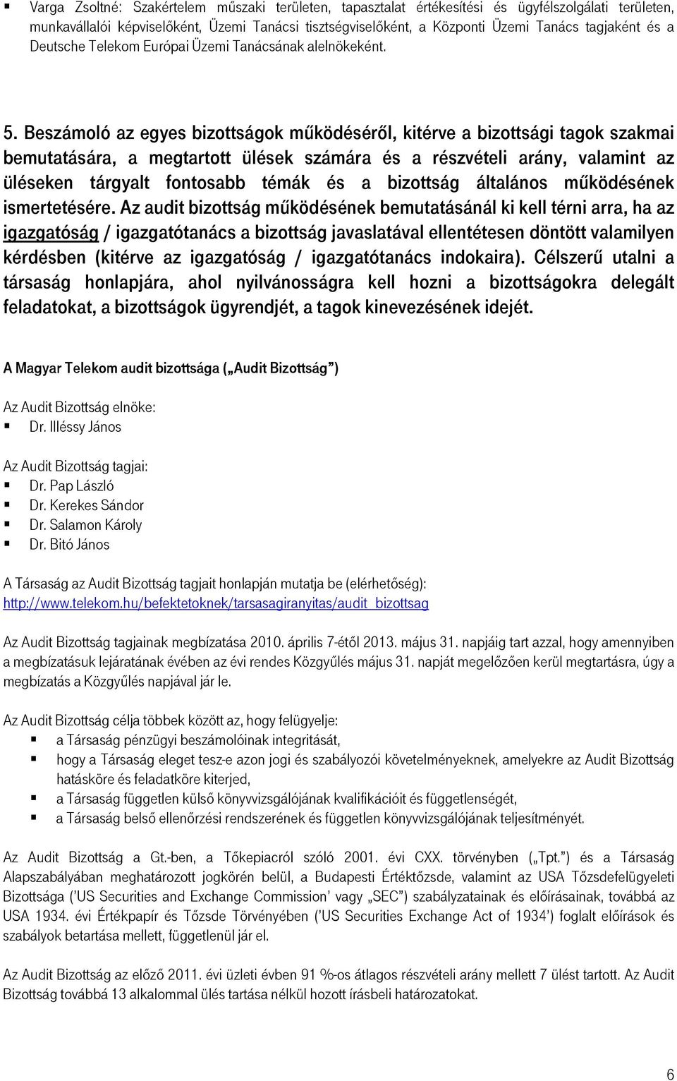 Beszámoló az egyes bizottságok működéséről, kitérve a bizottsági tagok szakmai bemutatására, a megtartott ülések számára és a részvételi arány, valamint az üléseken tárgyalt fontosabb témák és a