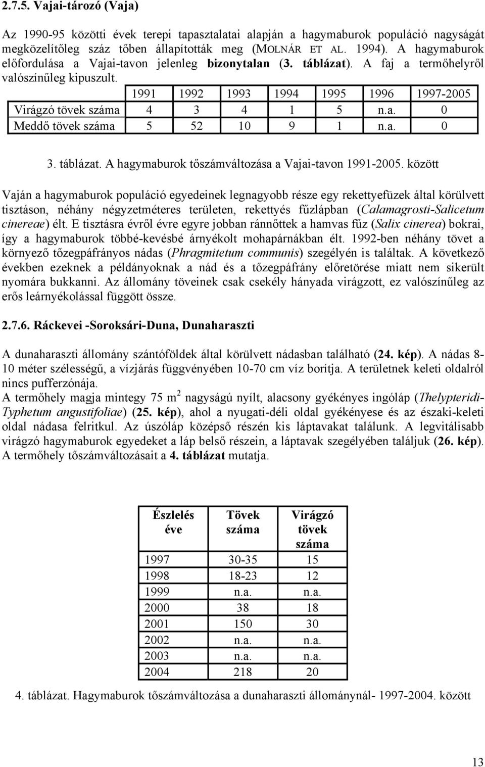 a. 0 3. táblázat. A hagymaburok tőszámváltozása a Vajai-tavon 1991-2005.