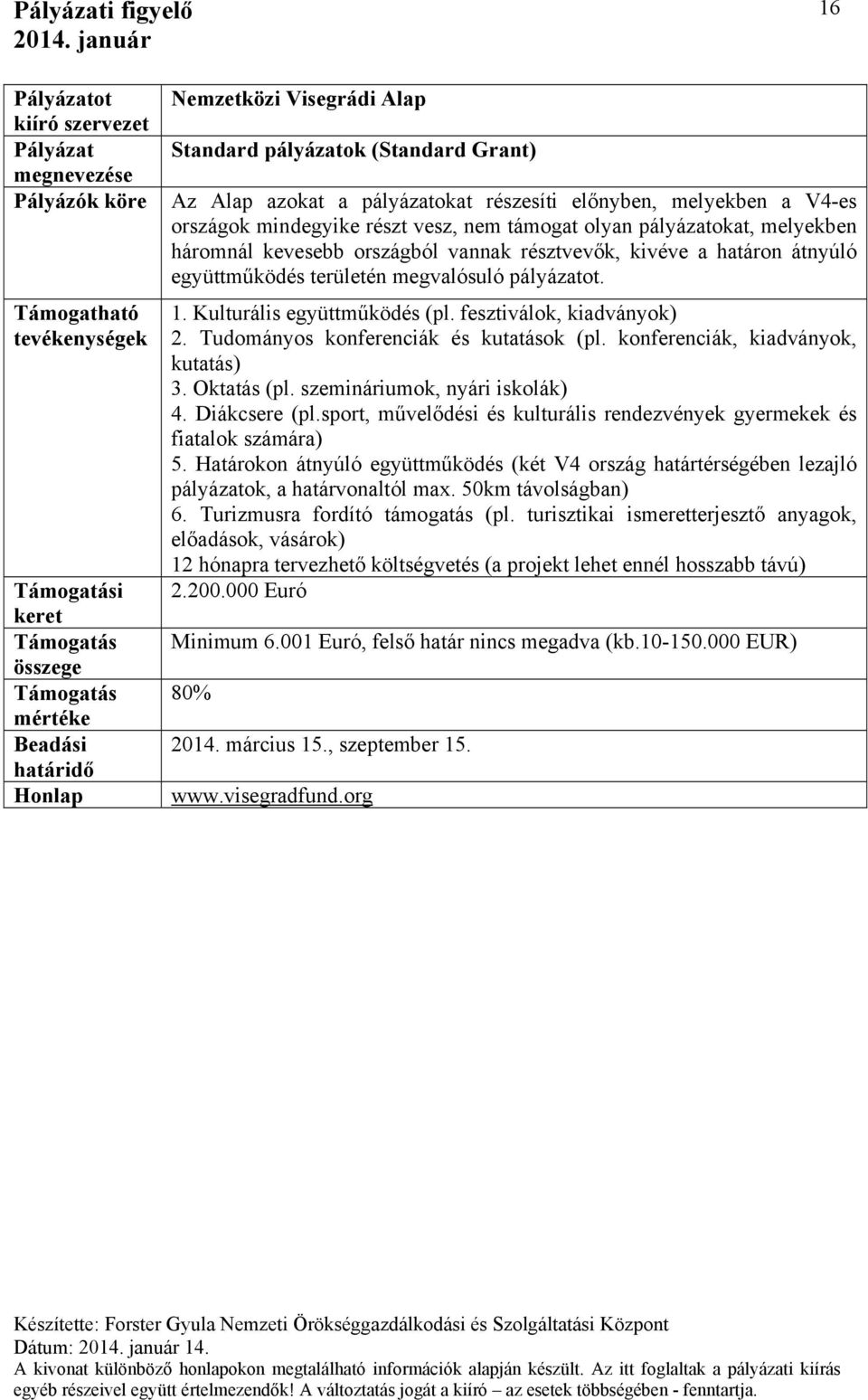 fesztiválok, kiadványok) 2. Tudományos konferenciák és kutatások (pl. konferenciák, kiadványok, kutatás) 3. Oktatás (pl. szemináriumok, nyári iskolák) 4. Diákcsere (pl.