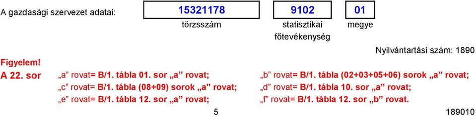 tábl 12. sor rovt; Nyilvántrtási szám: 189 b rovt= B/1.