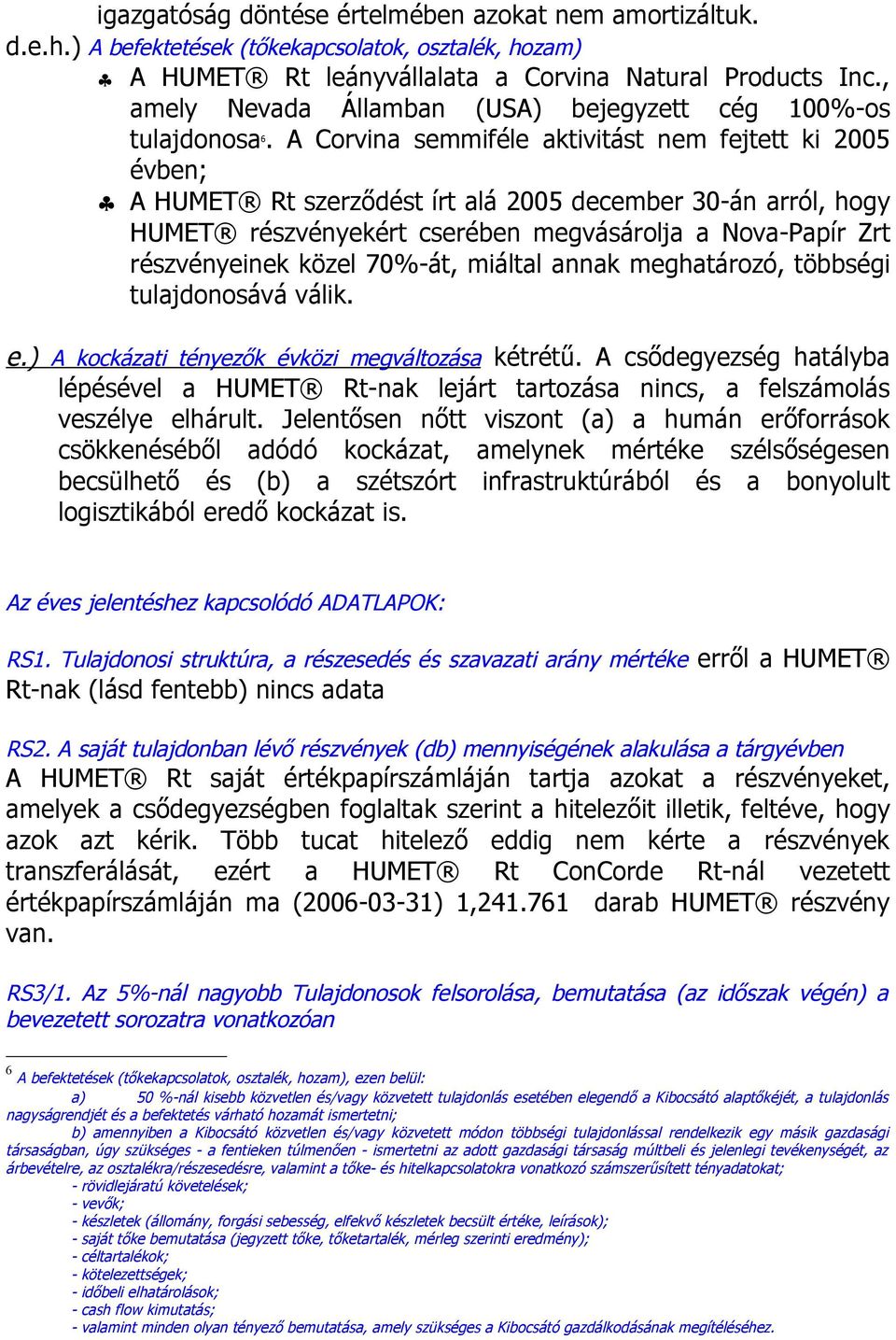 A Corvina semmiféle aktivitást nem fejtett ki 2005 évben; A HUMET Rt szerződést írt alá 2005 december 30-án arról, hogy HUMET részvényekért cserében megvásárolja a Nova-Papír Zrt részvényeinek közel