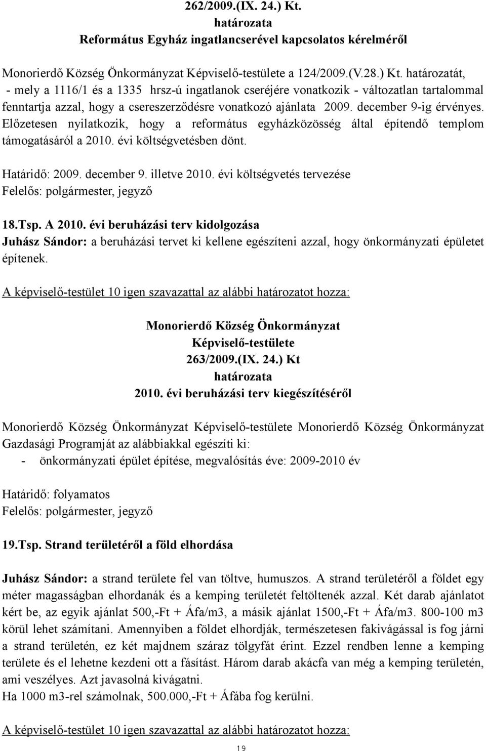 évi költségvetés tervezése Felelős: polgármester, jegyző 18.Tsp. A 2010.