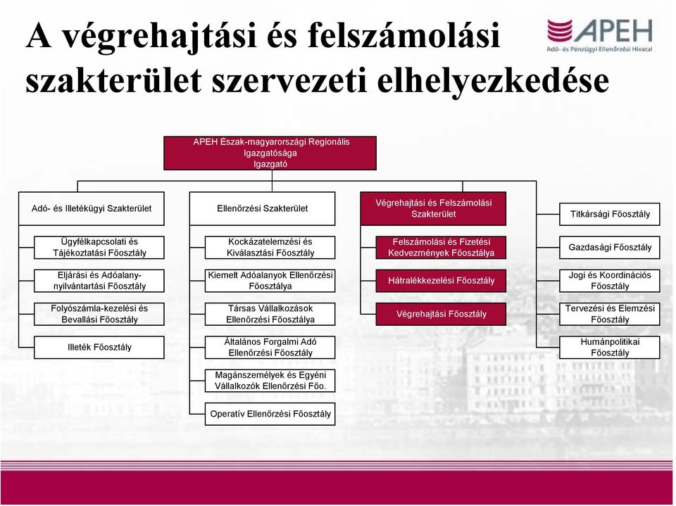 Főosztály Eljárási és Adóalanynyilvántartási Főosztály Kiemelt Adóalanyok Ellenőrzési Főosztálya Hátralékkezelési Főosztály Jogi és Koordinációs Főosztály Folyószámla-kezelési és Bevallási Főosztály