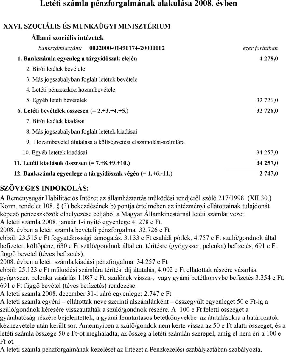 (3) bekezdésének b) pontja értelmében az intézményi ellátottainak tulajdonát képező pénzeszközök elhelyezése céljából a Magyar Államkincstárnál letéti számlát vezet. A letéti számla 2008.