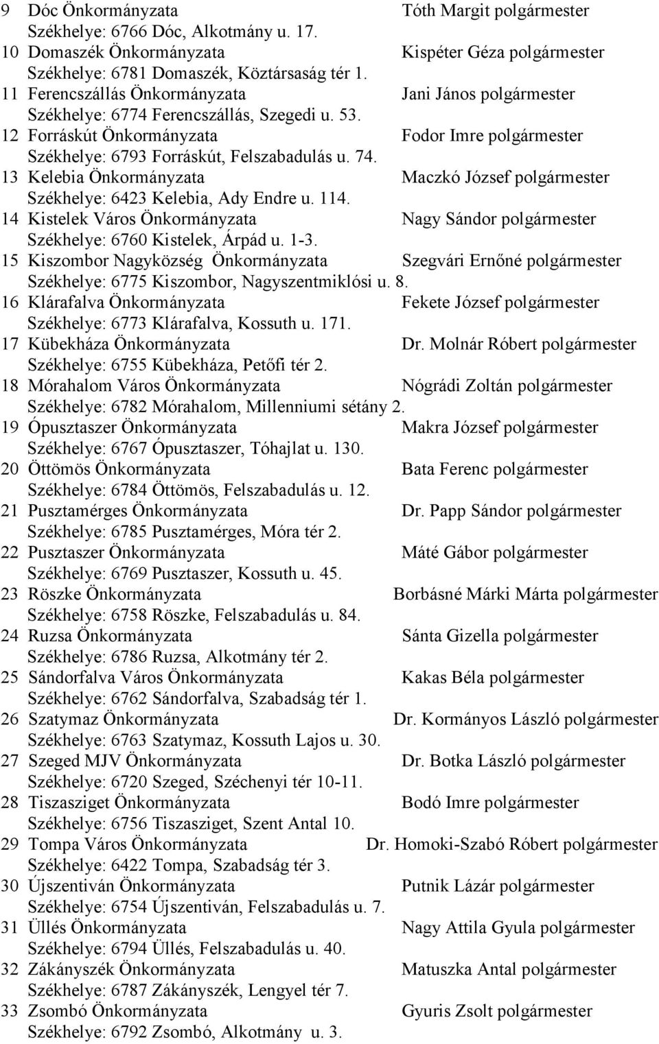 13 Kelebia Önkormányzata Maczkó József polgármester 6423 Kelebia, Ady Endre u. 114. 14 Kistelek Város Önkormányzata Nagy Sándor polgármester 6760 Kistelek, Árpád u. 1-3.