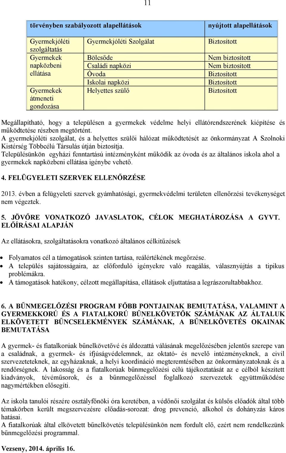 kiépítése és működtetése részben megtörtént. A gyermekjóléti szolgálat, és a helyettes szülői hálózat működtetését az önkormányzat A Szolnoki Kistérség Többcélú Társulás útján biztosítja.