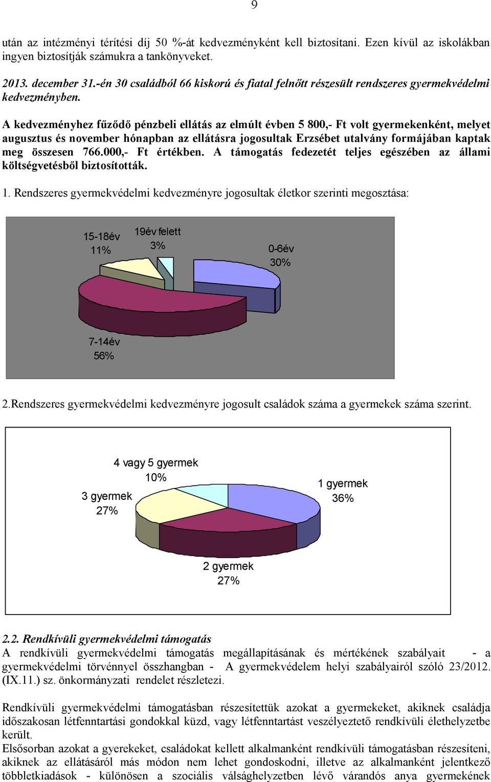 A kedvezményhez fűződő pénzbeli ellátás az elmúlt évben 5 800,- Ft volt gyermekenként, melyet augusztus és november hónapban az ellátásra jogosultak Erzsébet utalvány formájában kaptak meg összesen