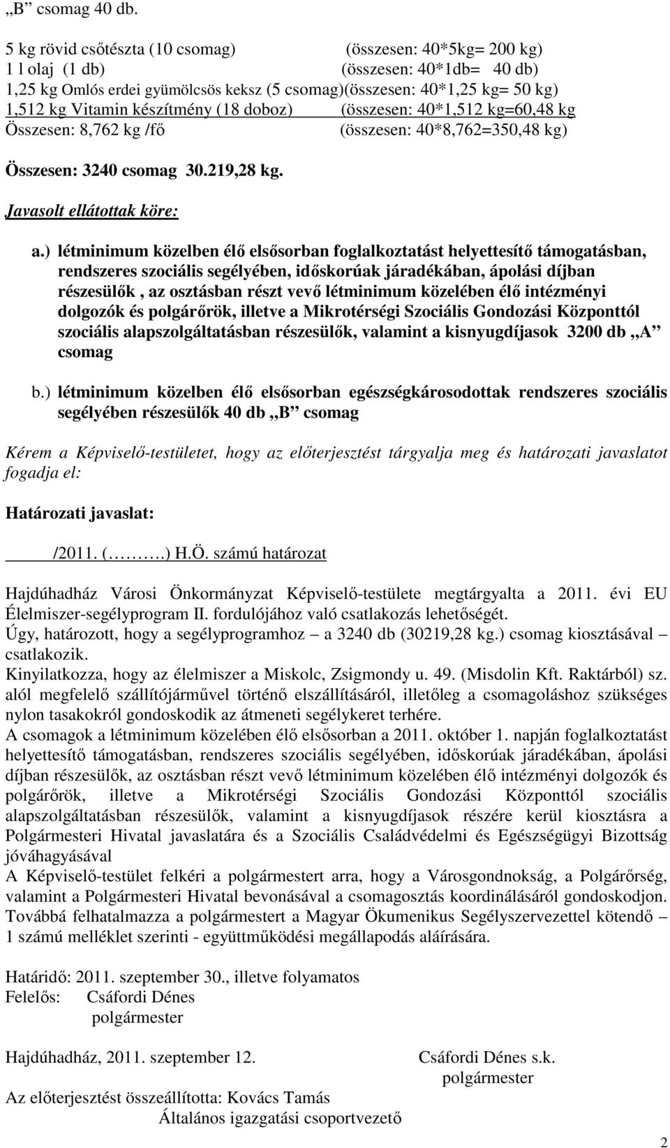 készítmény (18 doboz) (összesen: 40*1,512 kg=60,48 kg Összesen: 8,762 kg /fő (összesen: 40*8,762=350,48 kg) Összesen: 3240 csomag 30.219,28 kg. Javasolt ellátottak köre: a.