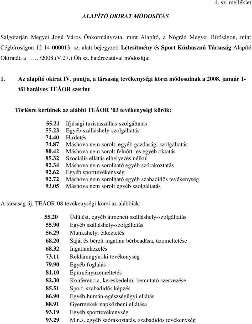 január 1- tıl hatályos TEÁOR szerint Törlésre kerülnek az alábbi TEÁOR 03 tevékenységi körök: 55.21 Ifjúsági turistaszállás-szolgáltatás 55.23 Egyéb szálláshely-szolgáltatás 74.40 Hirdetés 74.