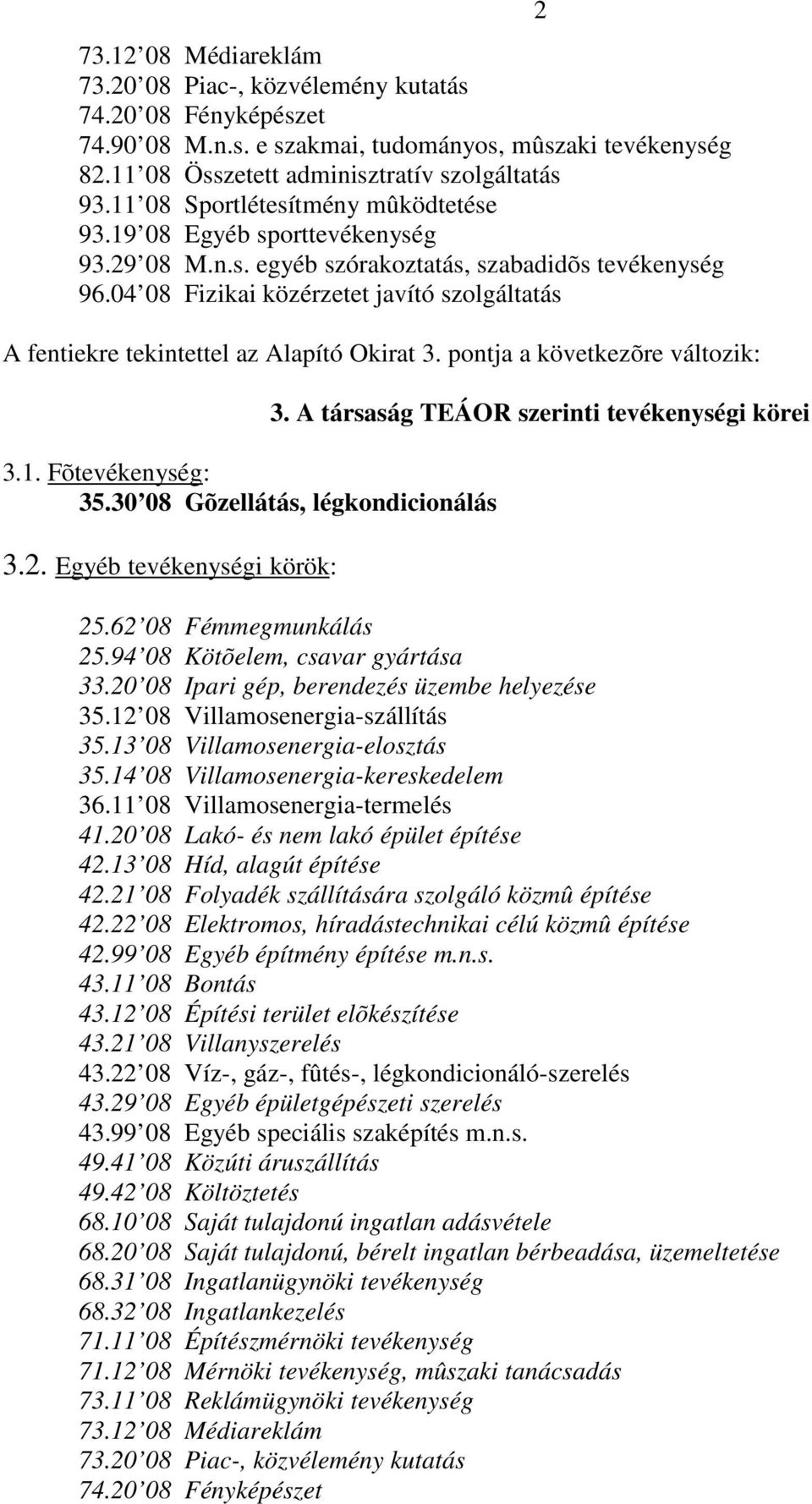 04 08 Fizikai közérzetet javító szolgáltatás A fentiekre tekintettel az Alapító Okirat 3. pontja a következõre változik: 3.1. Fõtevékenység: 35.30 08 Gõzellátás, légkondicionálás 3.2.