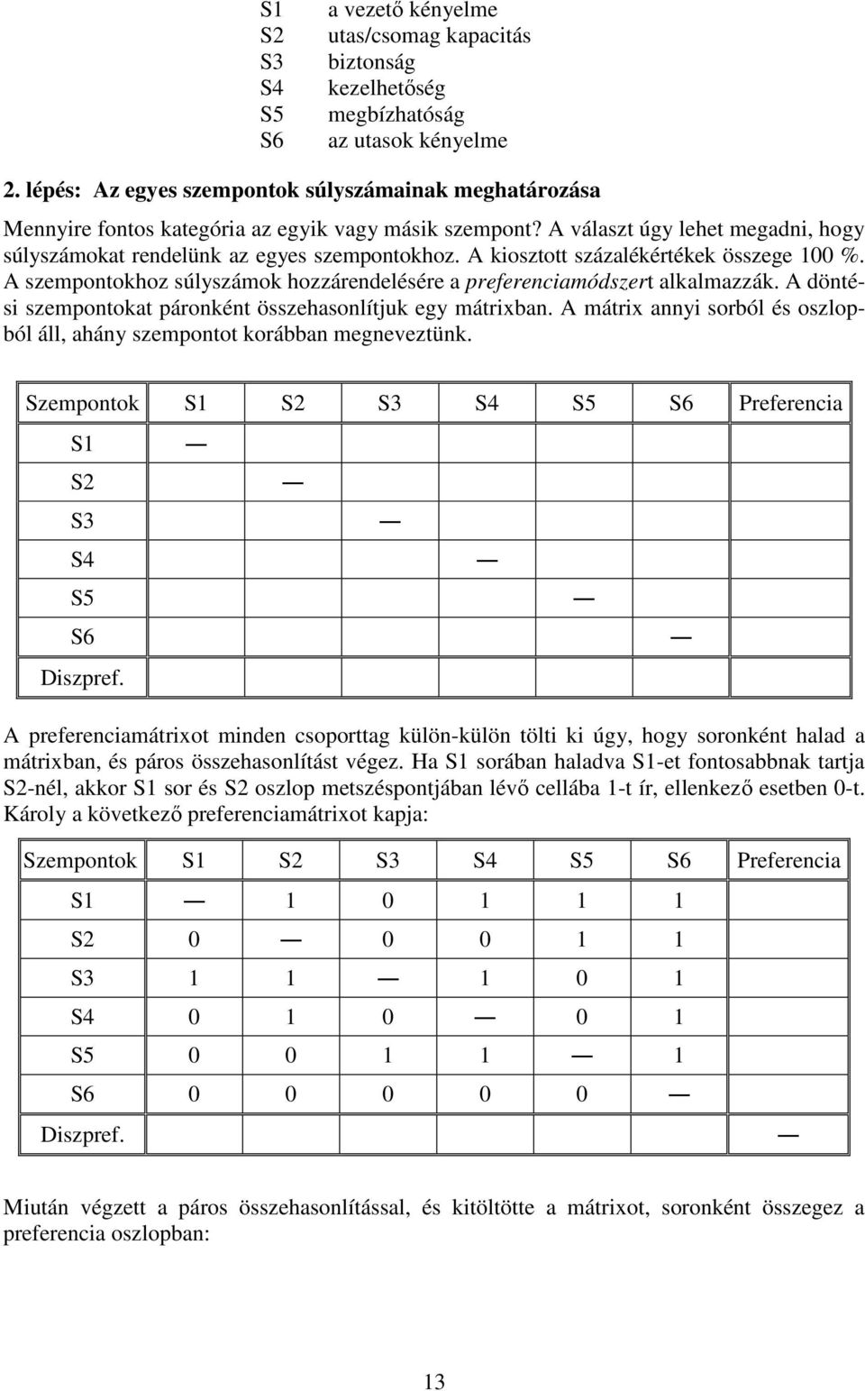 A kiosztott százalékértékek összege 100 %. A szempontokhoz súlyszámok hozzárendelésére a preferenciamódszert alkalmazzák. A döntési szempontokat páronként összehasonlítjuk egy mátrixban.