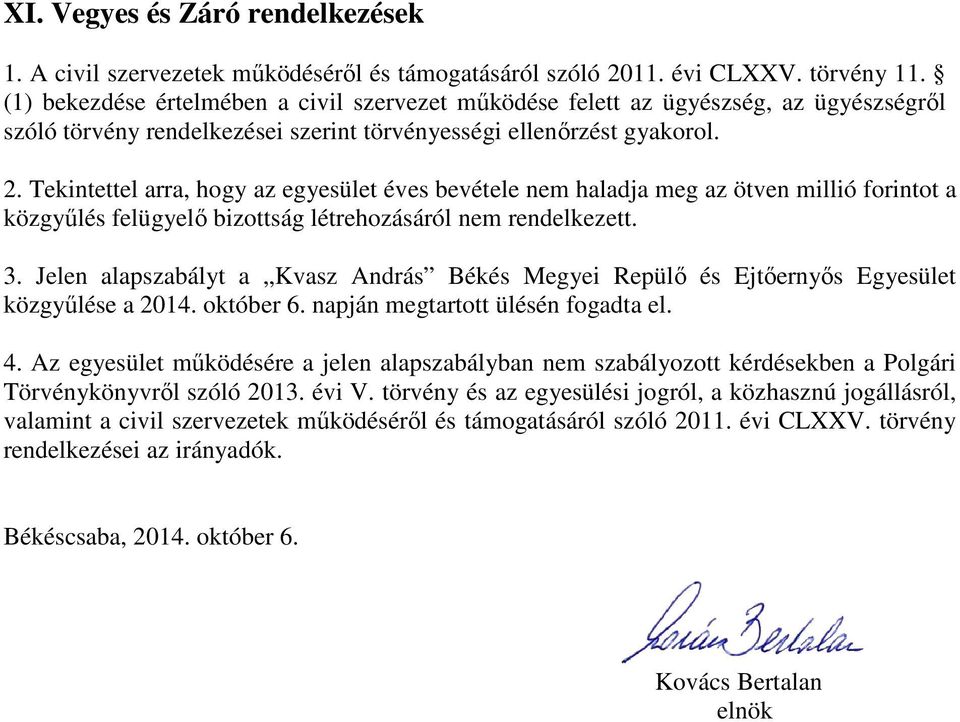 Tekintettel arra, hogy az egyesület éves bevétele nem haladja meg az ötven millió forintot a közgyűlés felügyelő bizottság létrehozásáról nem rendelkezett. 3.