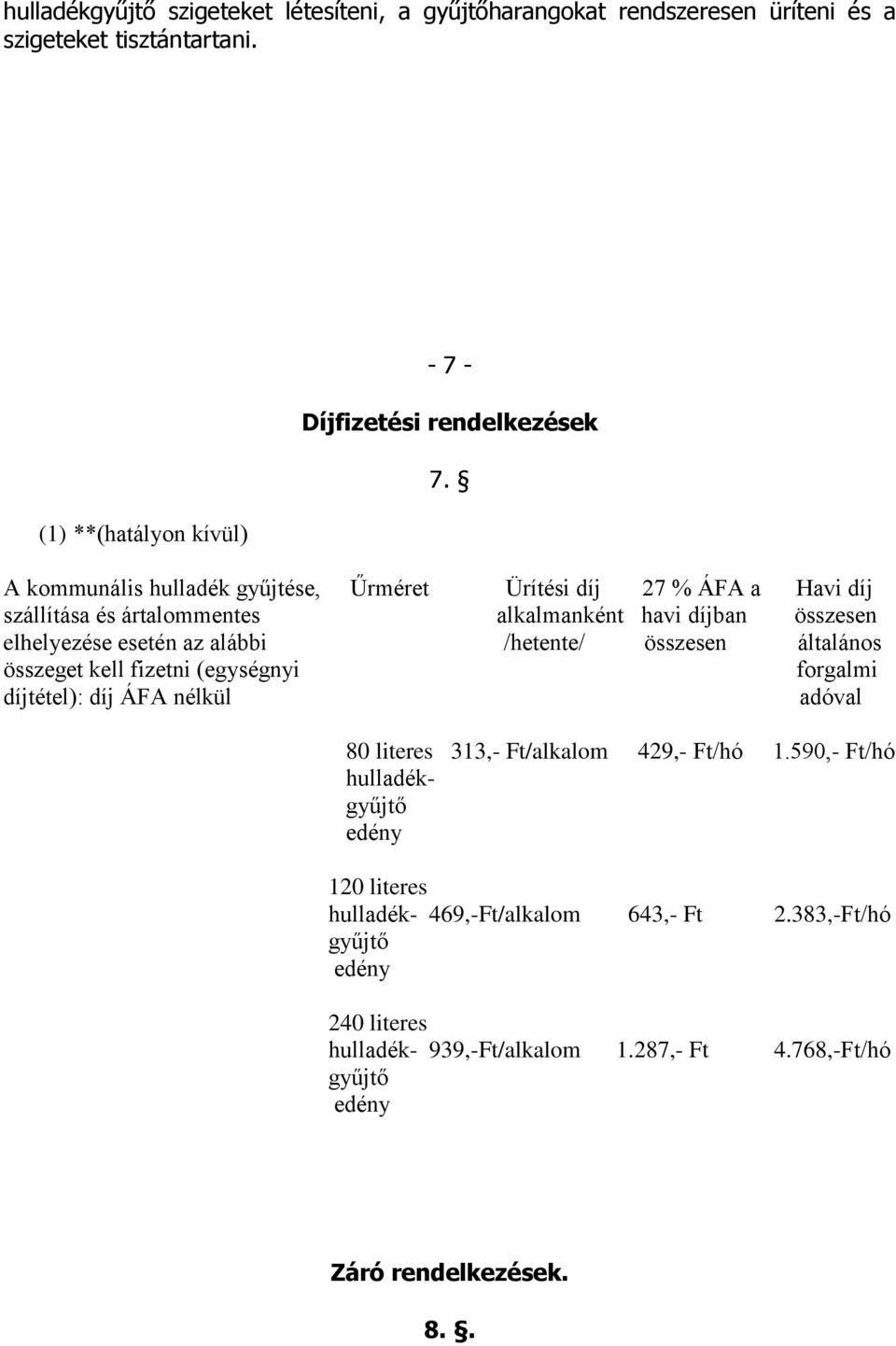 /hetente/ összesen általános összeget kell fizetni (egységnyi forgalmi díjtétel): díj ÁFA nélkül adóval 80 literes 313,- Ft/alkalom 429,- Ft/hó 1.