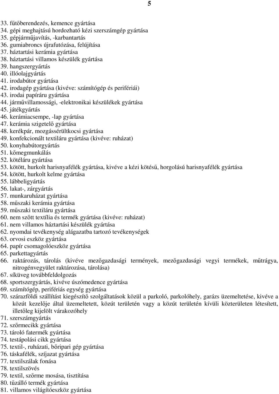 irodai papíráru gyártása 44. járművillamossági, -elektronikai készülékek gyártása 45. játékgyártás 46. kerámiacsempe, -lap gyártása 47. kerámia szigetelő gyártása 48.