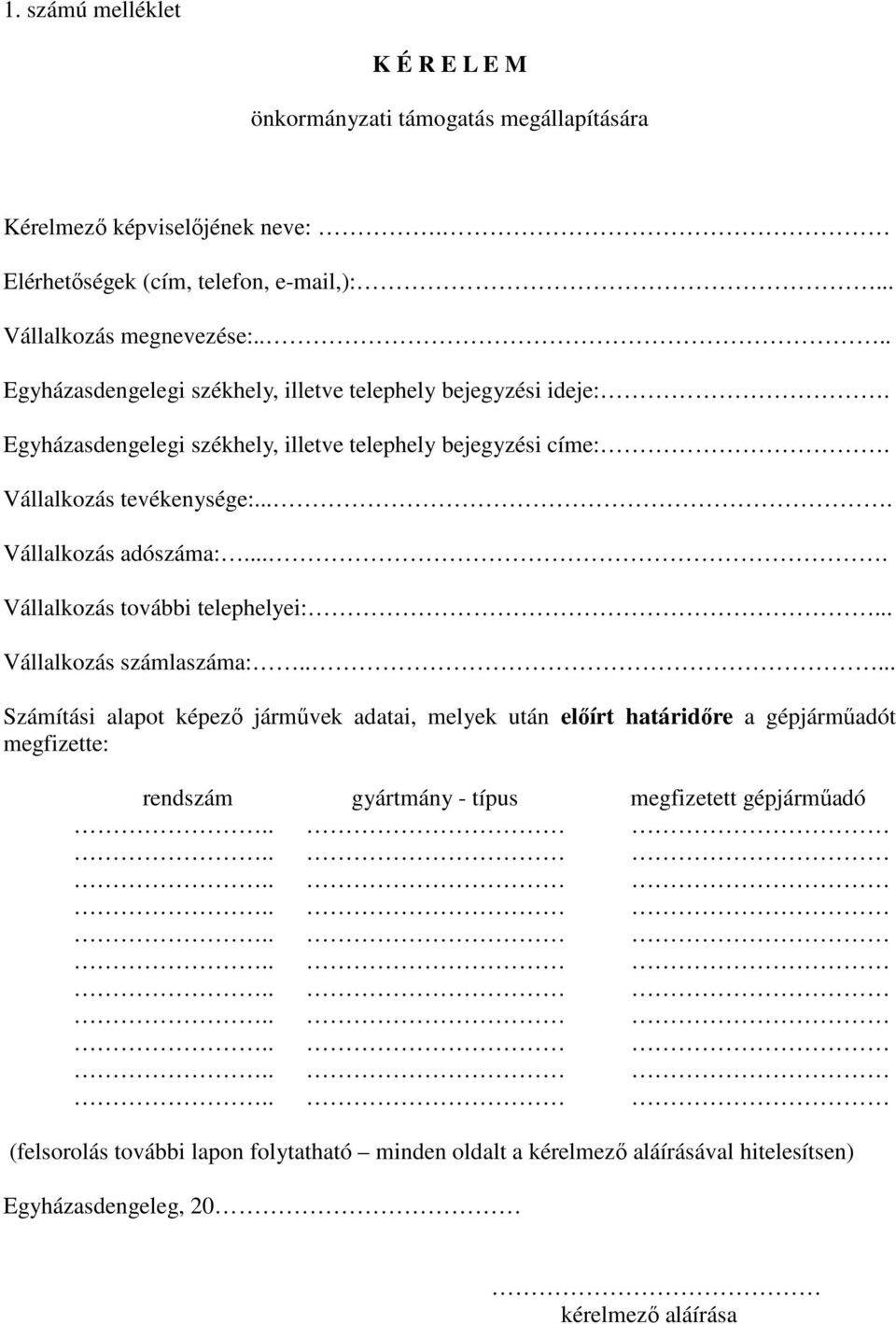 ... Vállalkozás adószáma:.... Vállalkozás további telephelyei:... Vállalkozás számlaszáma:.