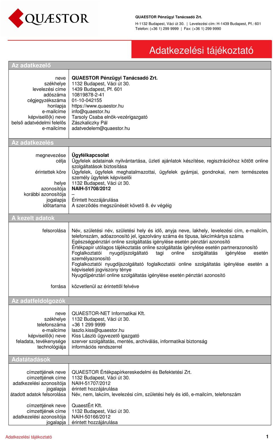 QUAESTOR Pénzügyi Tanácsadó Zrt. 1439 Budapest, Pf. 601 10819878-2-41 01-10-042155 https://www.quaestor.hu info@quaestor.hu Tarsoly Csaba elnök-vezérigazgató Zászkaliczky Pál adatvedelem@quaestor.
