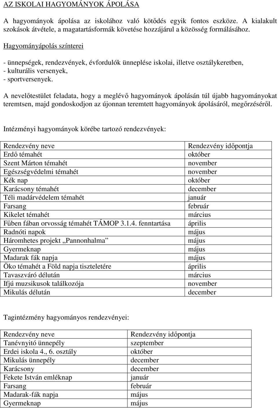 A nevelőtestület feladata, hogy a meglévő hagyományok ápolásán túl újabb hagyományokat teremtsen, majd gondoskodjon az újonnan teremtett hagyományok ápolásáról, megőrzéséről.