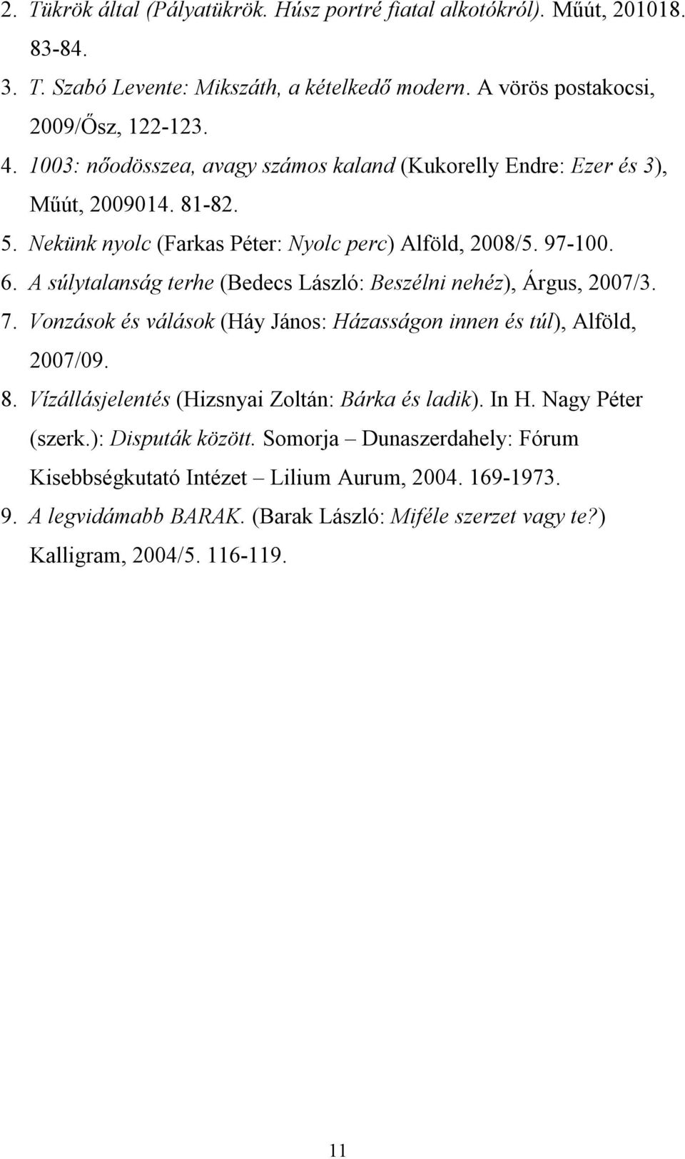 A súlytalanság terhe (Bedecs László: Beszélni nehéz), Árgus, 2007/3. 7. Vonzások és válások (Háy János: Házasságon innen és túl), Alföld, 2007/09. 8.