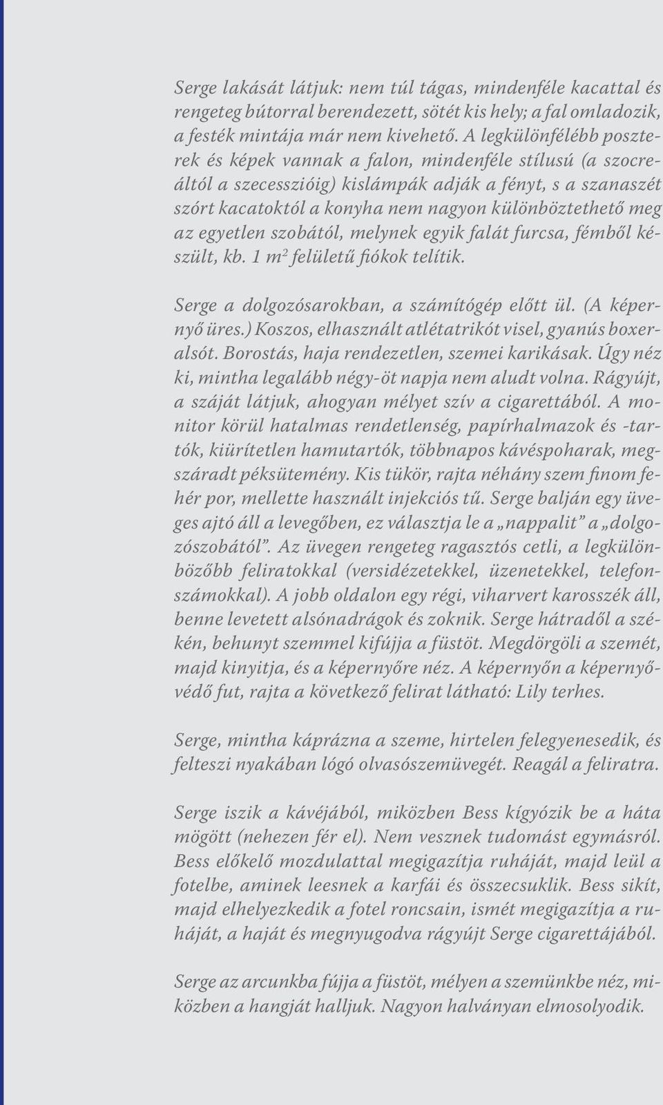 az egyetlen szobától, melynek egyik falát furcsa, fémből készült, kb. 1 m 2 felületű fiókok telítik. Serge a dolgozósarokban, a számítógép előtt ül. (A képernyő üres.