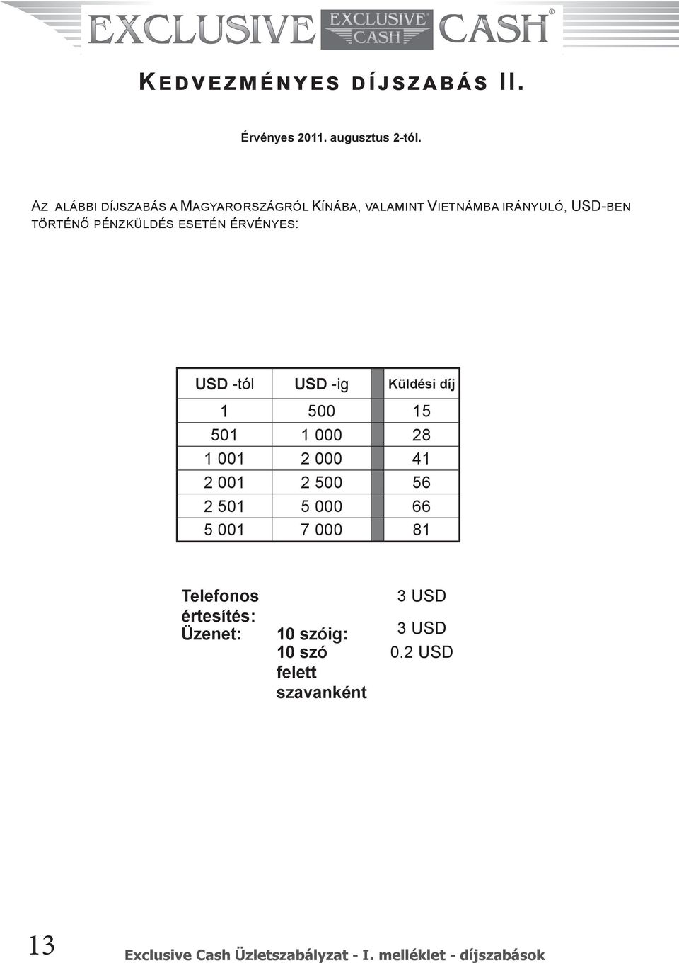 PÉNZKÜLDÉS ESETÉN ÉRVÉNYES: USD -tól USD -ig Küldési díj 1 500 15 501 1 000 28 1 001 2 000 41 2 001