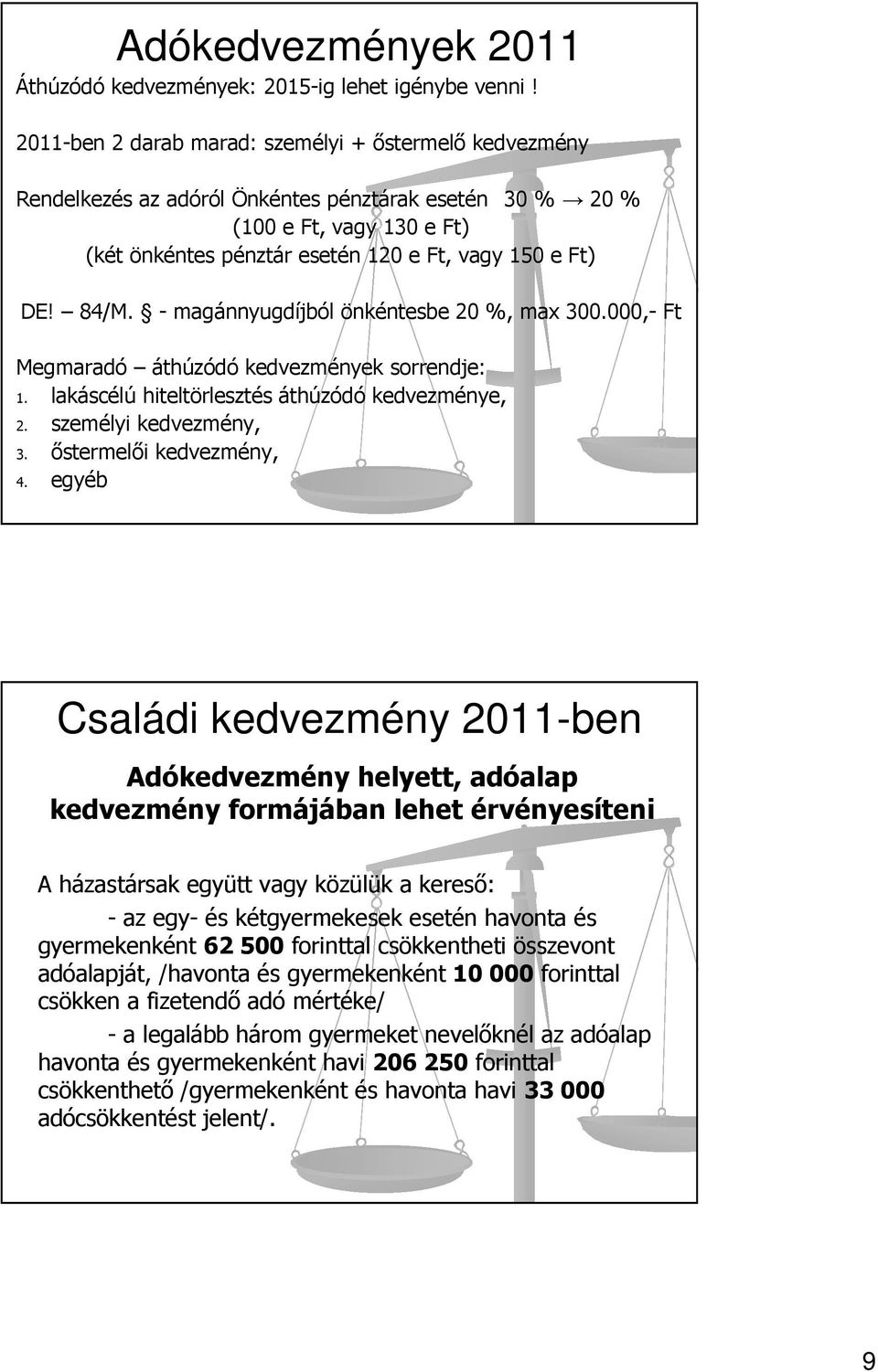 84/M. - magánnyugdíjból önkéntesbe 20 %, max 300.000,- Ft Megmaradó áthúzódó kedvezmények sorrendje: 1. lakáscélú hiteltörlesztés áthúzódó kedvezménye, 2. személyi kedvezmény, 3.